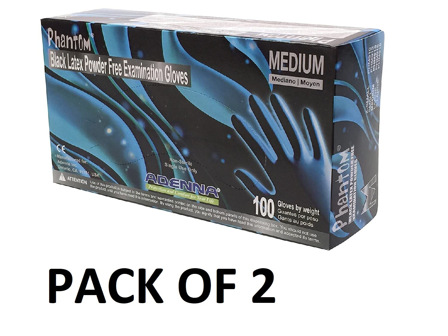 Adenna Phantom 6 mil Latex Powder Free Exam Gloves (Medium) Box of 100 – 2 Pack