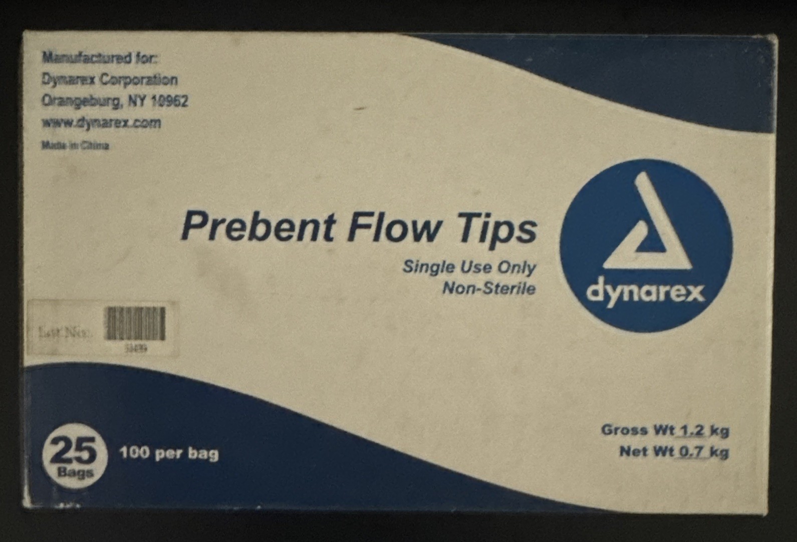 *2,500/case* Dynarex Pre-Bent Flow Tips-25G Etch tips, Blue, 25 bags of 100 tips