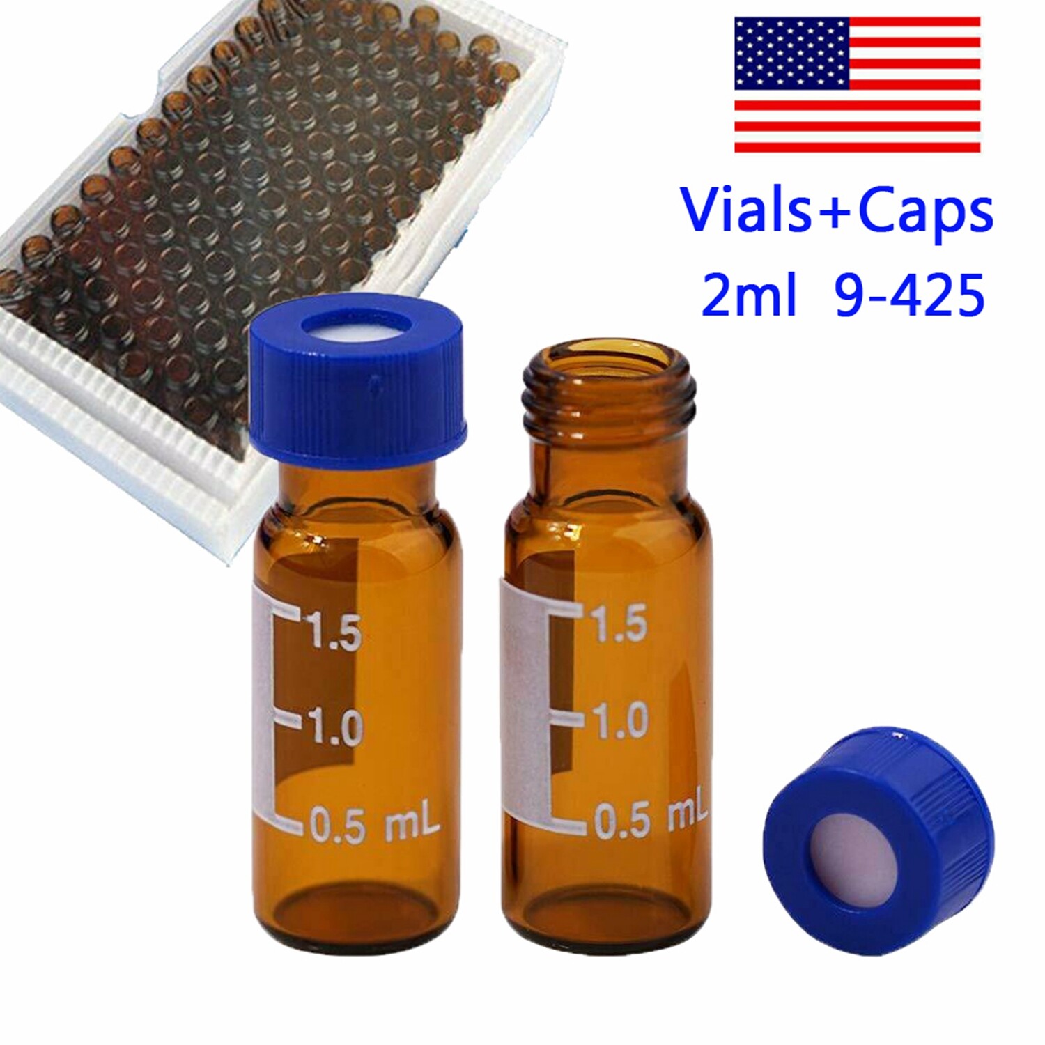 100Pcs 2ml 9-425 Small Glass HPLC Vials Bottles Amber Containers With Screw Caps