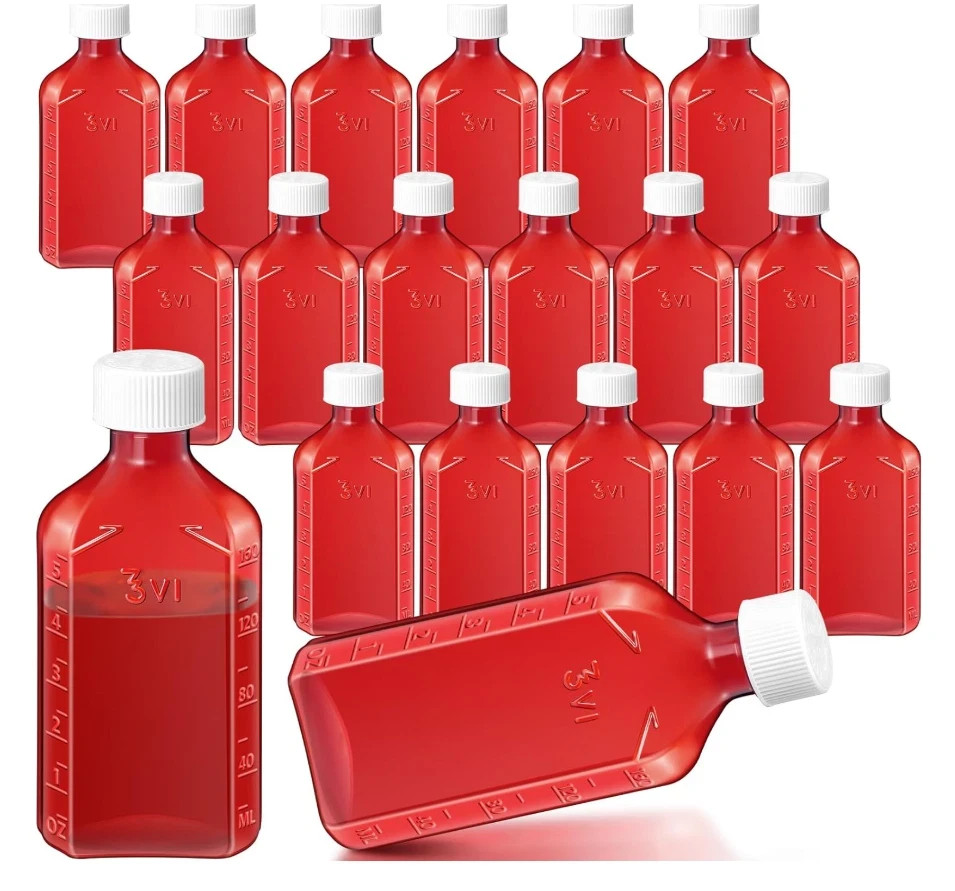 Amber Graduated Oval Liquid Medicine Bottles Plastic CR Caps Multiple Sizes
