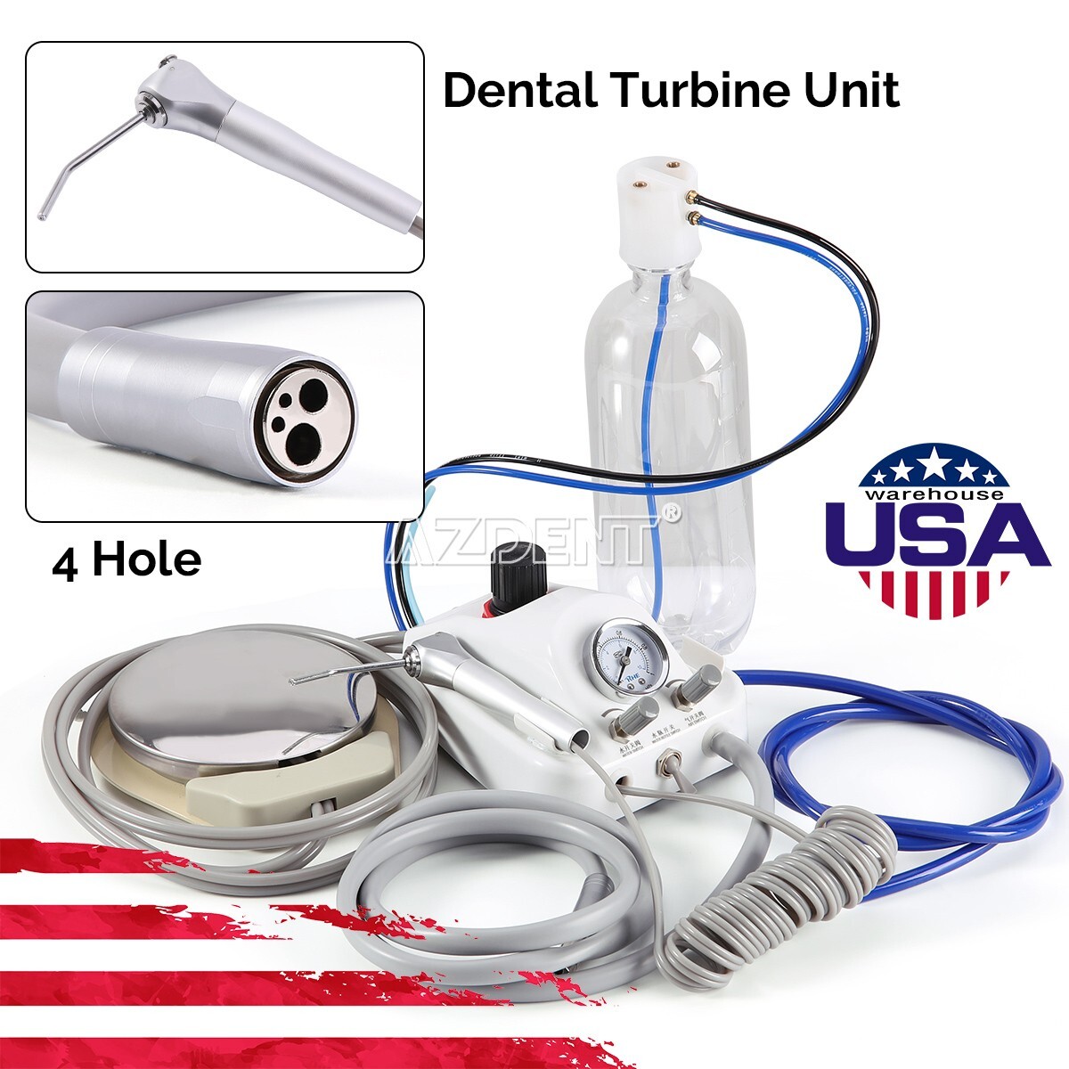 Portable Dental Turbine Unit 4 Holes 3 Way Syringe Work with Air Compressor UPS