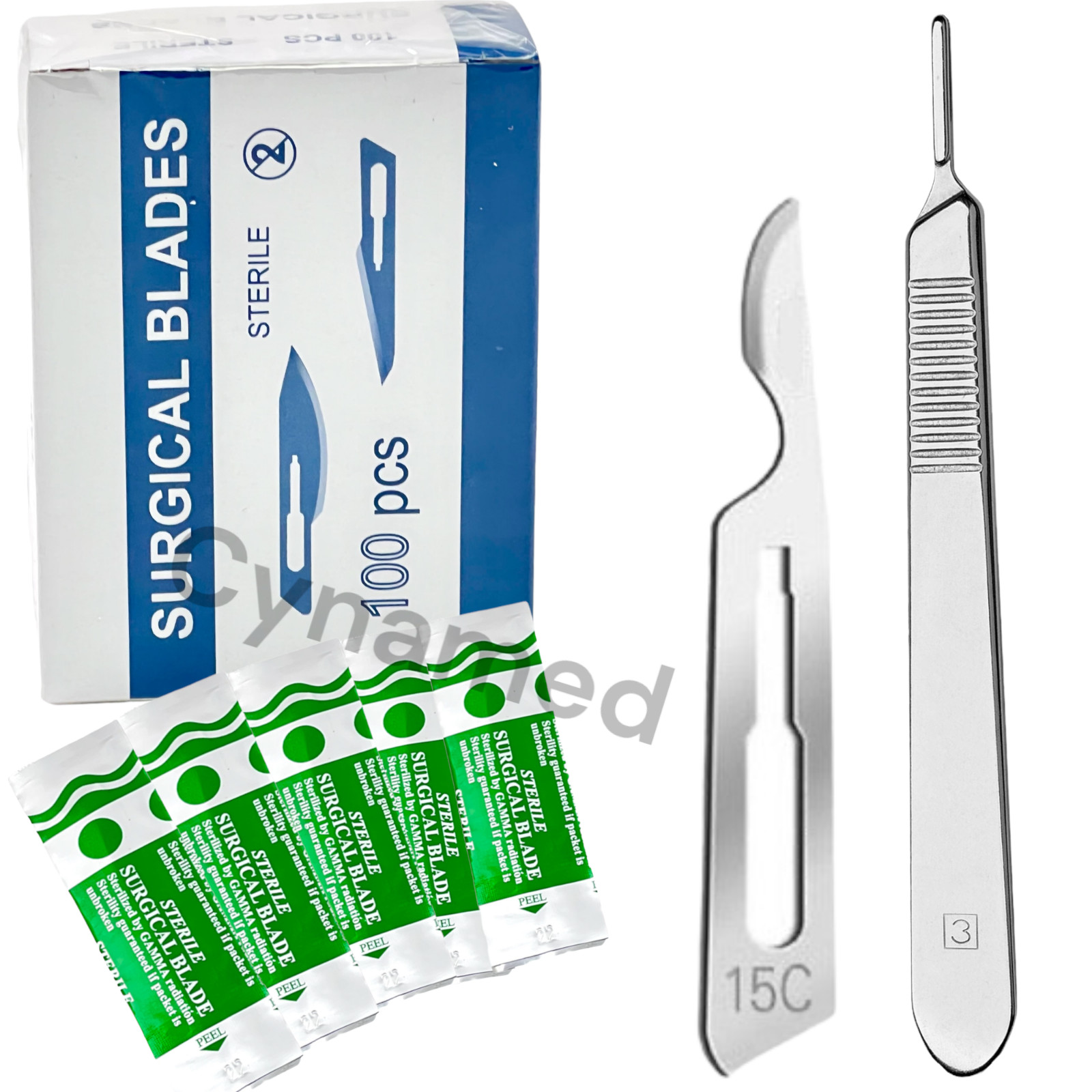 100 Scalpel Blades #15C + Scalpel Handle #3 Surgical Dental ENT Instruments