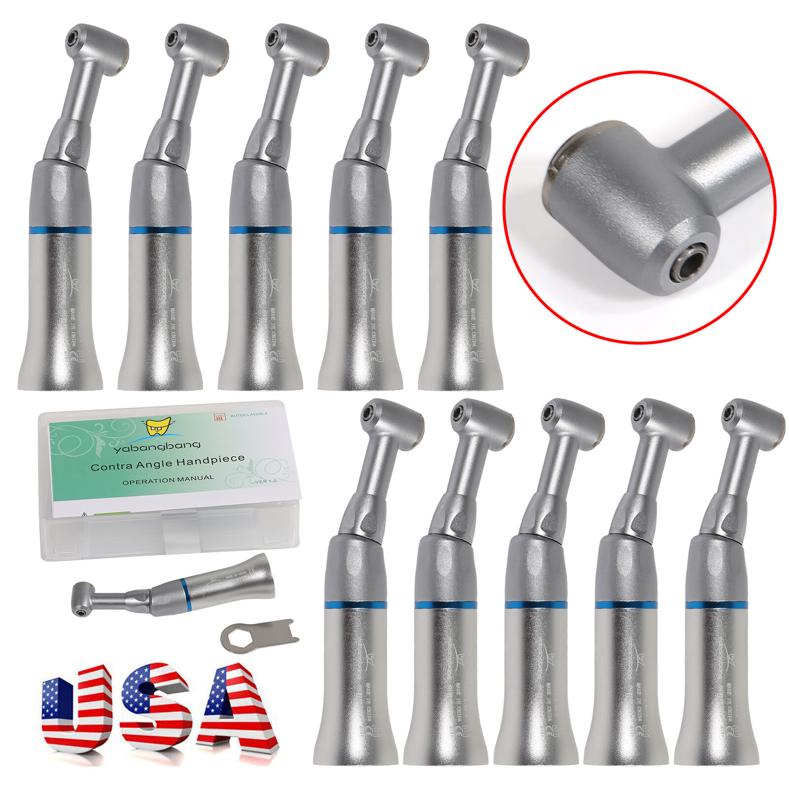 10 Pcs NSK Style Dental Slow Low Speed Push Button Contra Angle Handpiece YAD