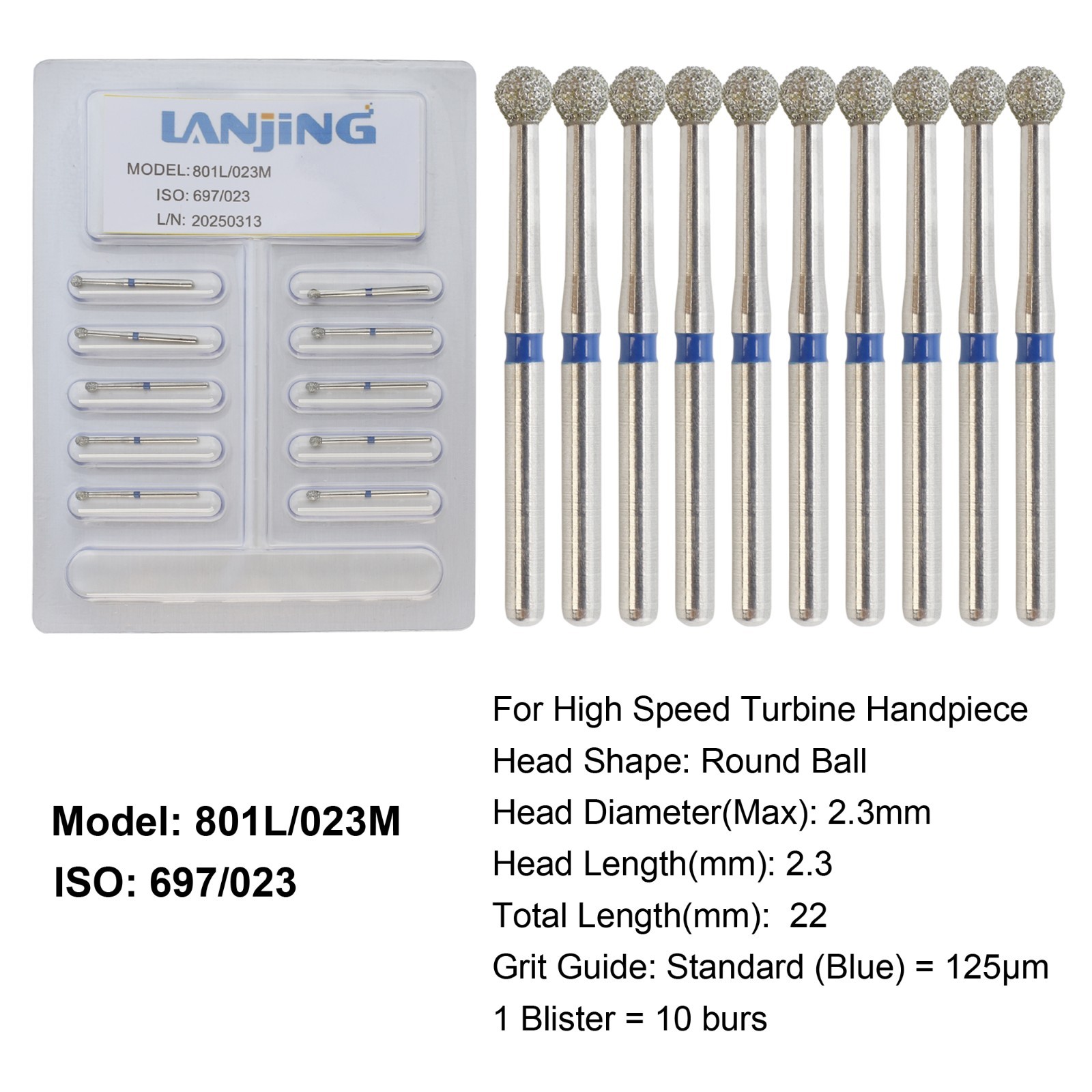 Dental Diamond Burs Round Ball Surgical Bur FG Coarse Fine Long High Speed 801