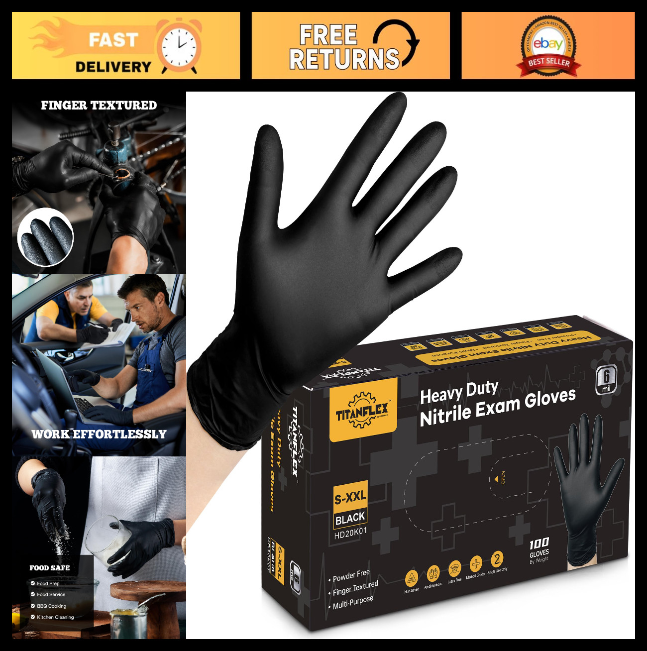 Heavy Duty Disposable Nitrile Exam Gloves – 6-mil, Black, Latex-Free, Food Safe