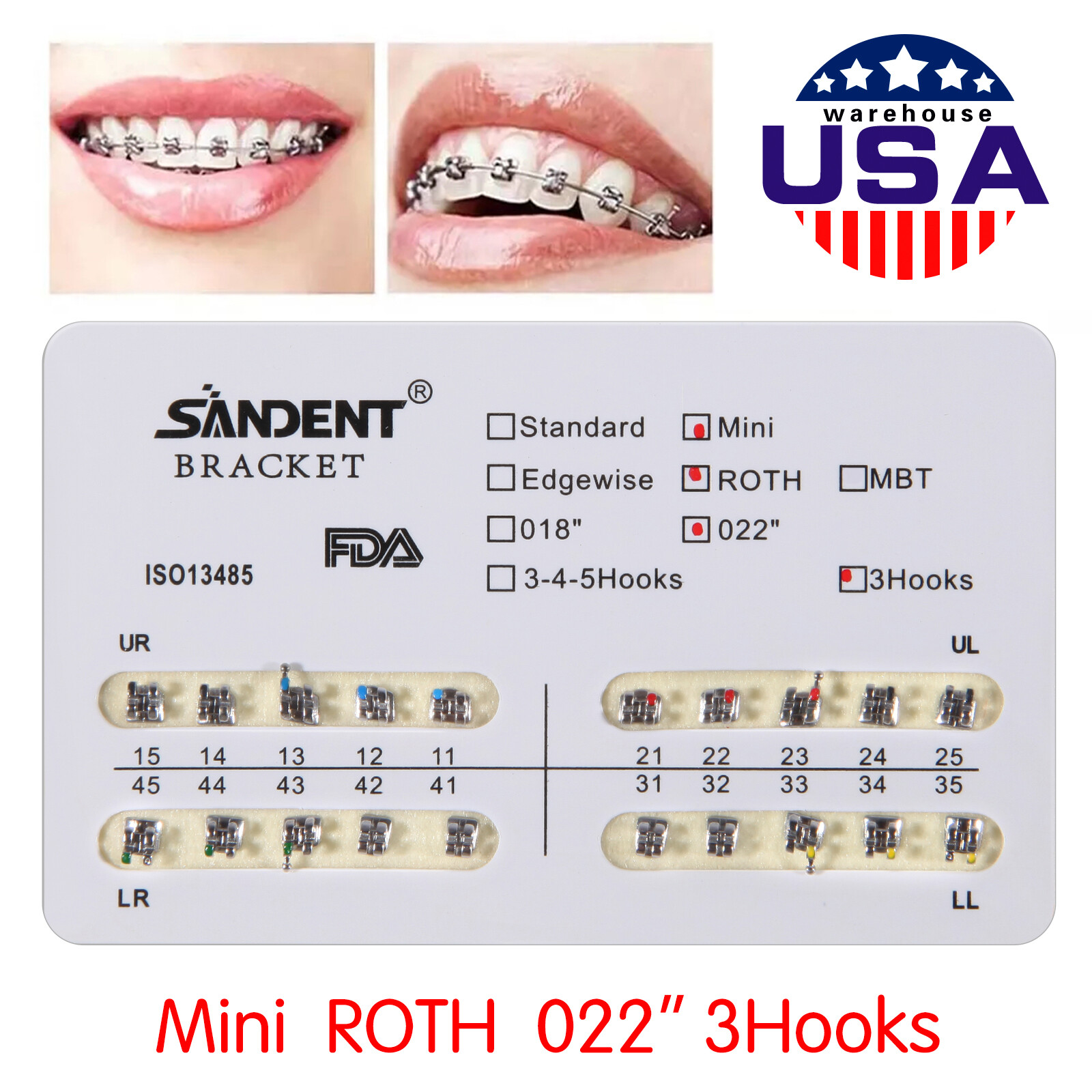200Pcs Dental Ortho Brackets Braces Mini Roth Slot.022 3-Hooks Metal #3