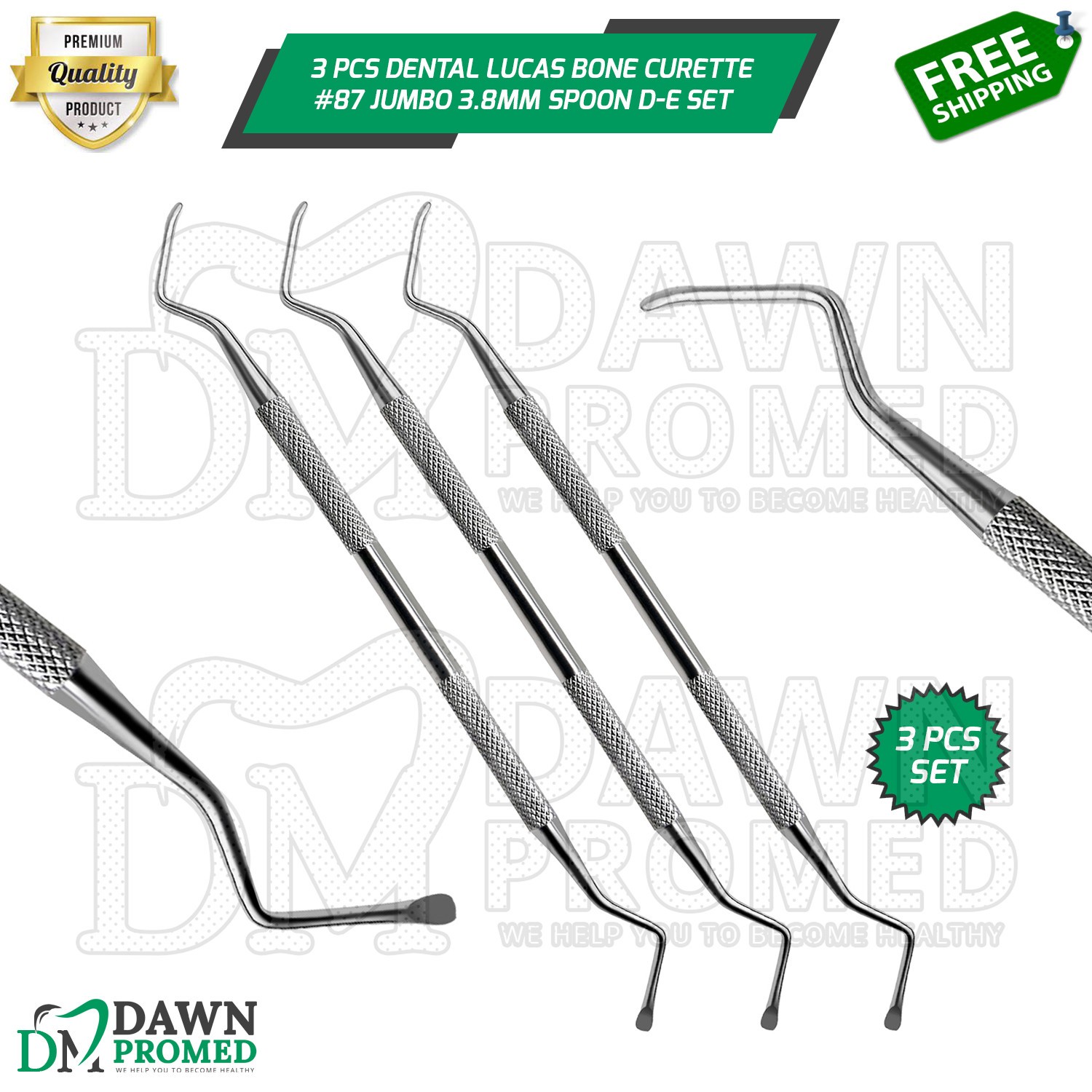 3 Pcs Lucas Bone Curette #87 Jumbo 3.8mm Spoon D-E Dental Instruments Set