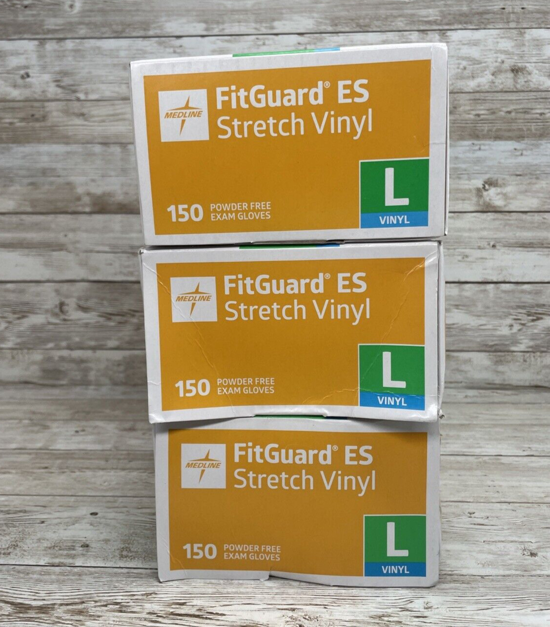 *3 DENTED* MEDLINE FITGUARD ES Stretch Vinyl Exam Gloves Size: LARGE, EXP: 10/24