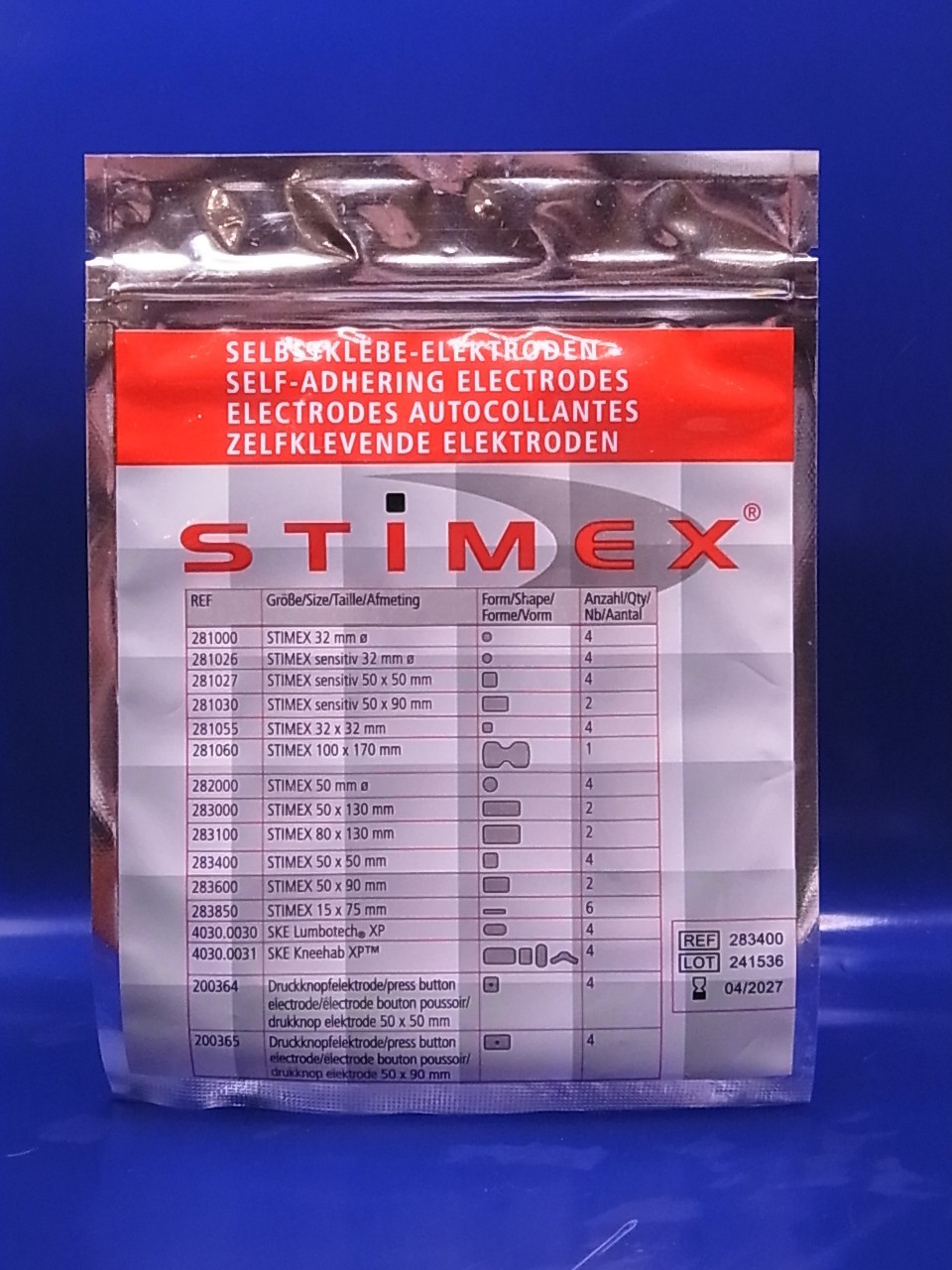 STIMEX TENS DEVICE ELECTRODES 50 X 50 MM 283400 NEW NEW ORIGINAL PACKAGING EXP. 04-2027