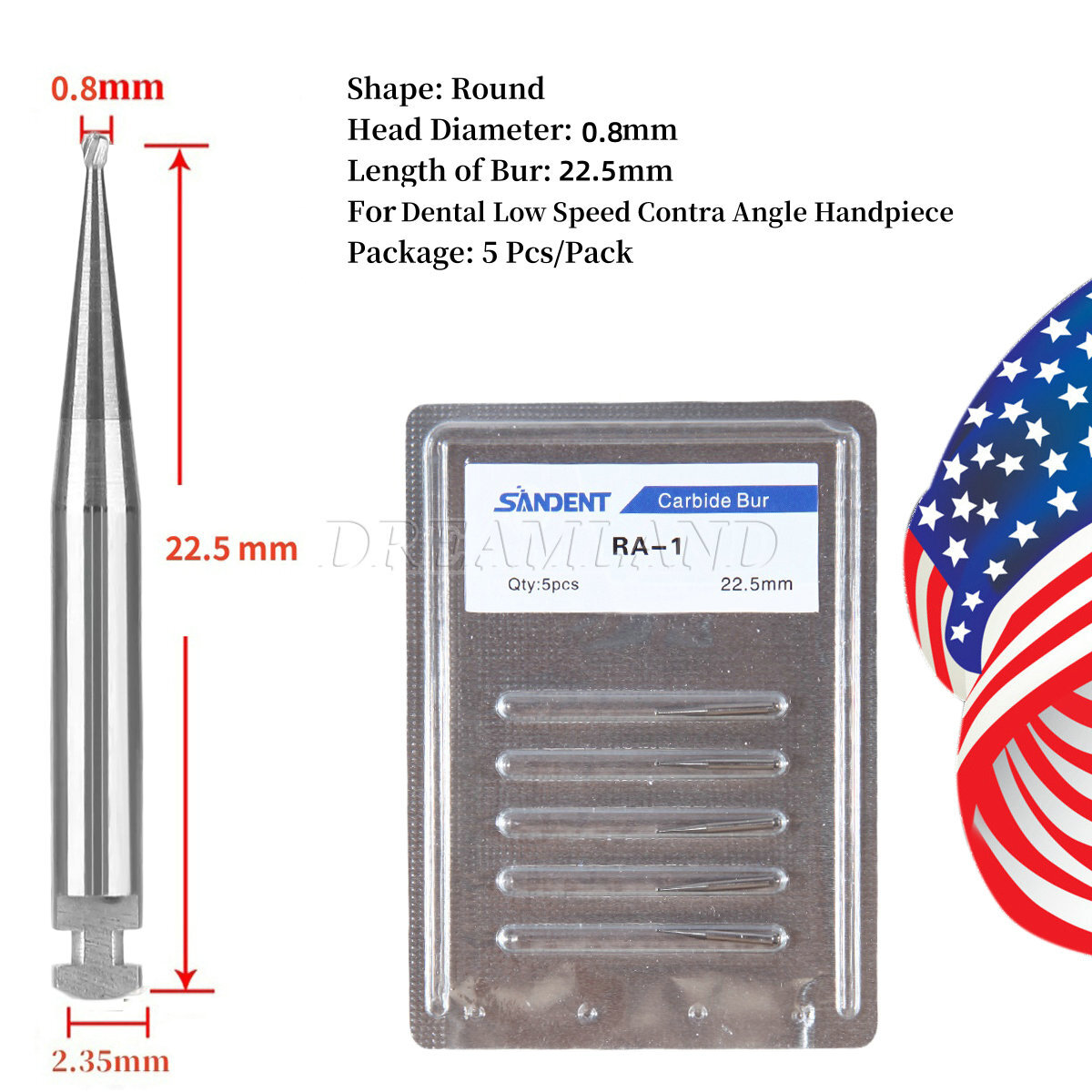 5 Pcs/Pack Dental RA Round Carbide Bur For Slow Speed Latch Type RA 1#-8# Choose