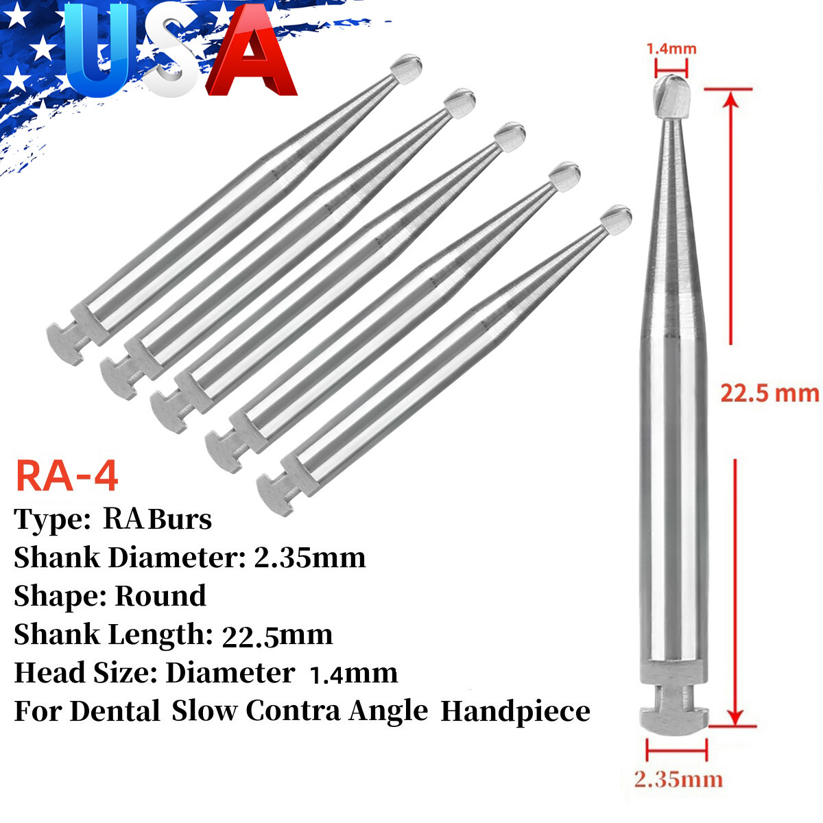 SANDENT Dental Round Carbide Bur for Slow Speed Latch RA4 5pcs/pack