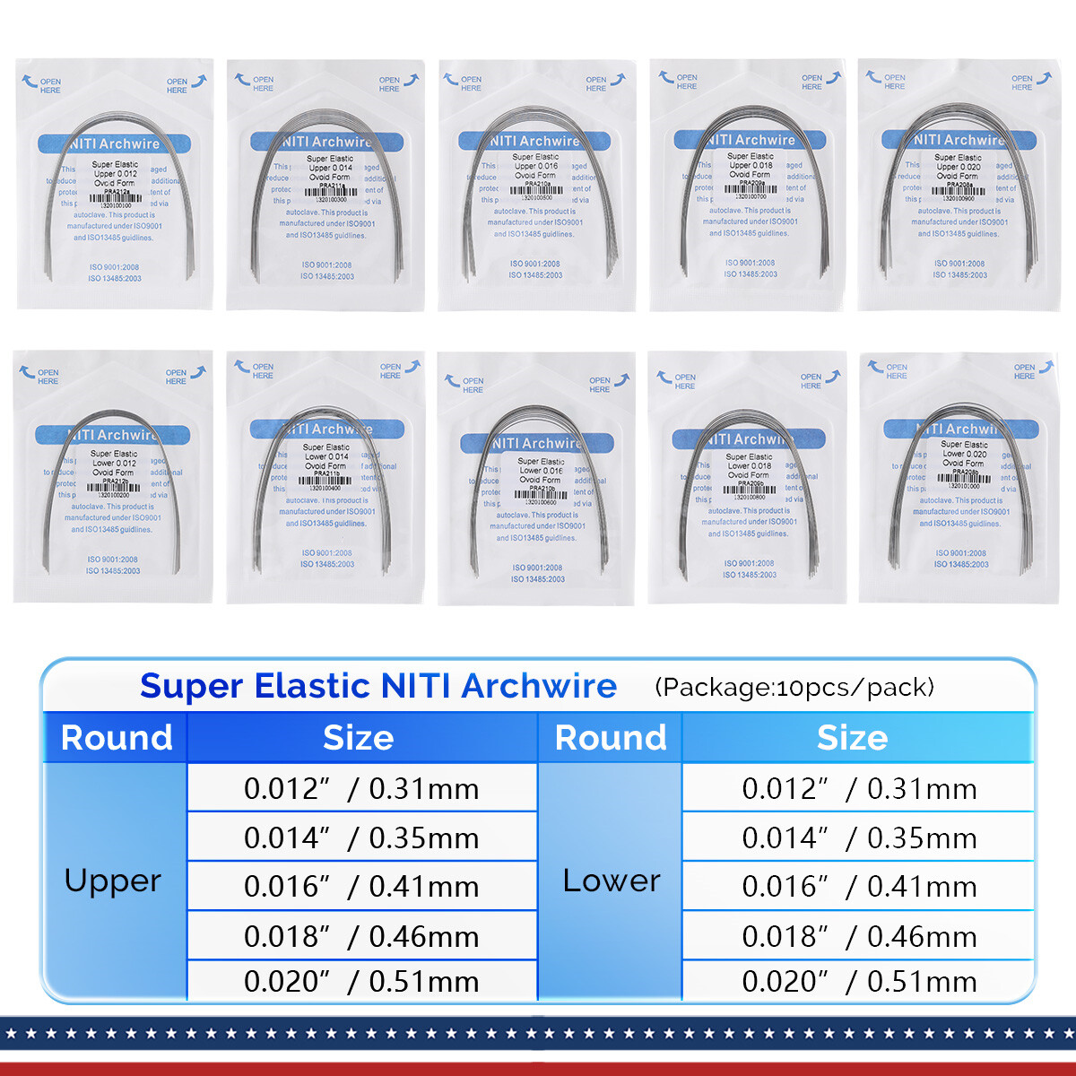 Dental Orthodontic Super Elastic Niti Round Arch Wires 012-020 Upper/ Lower