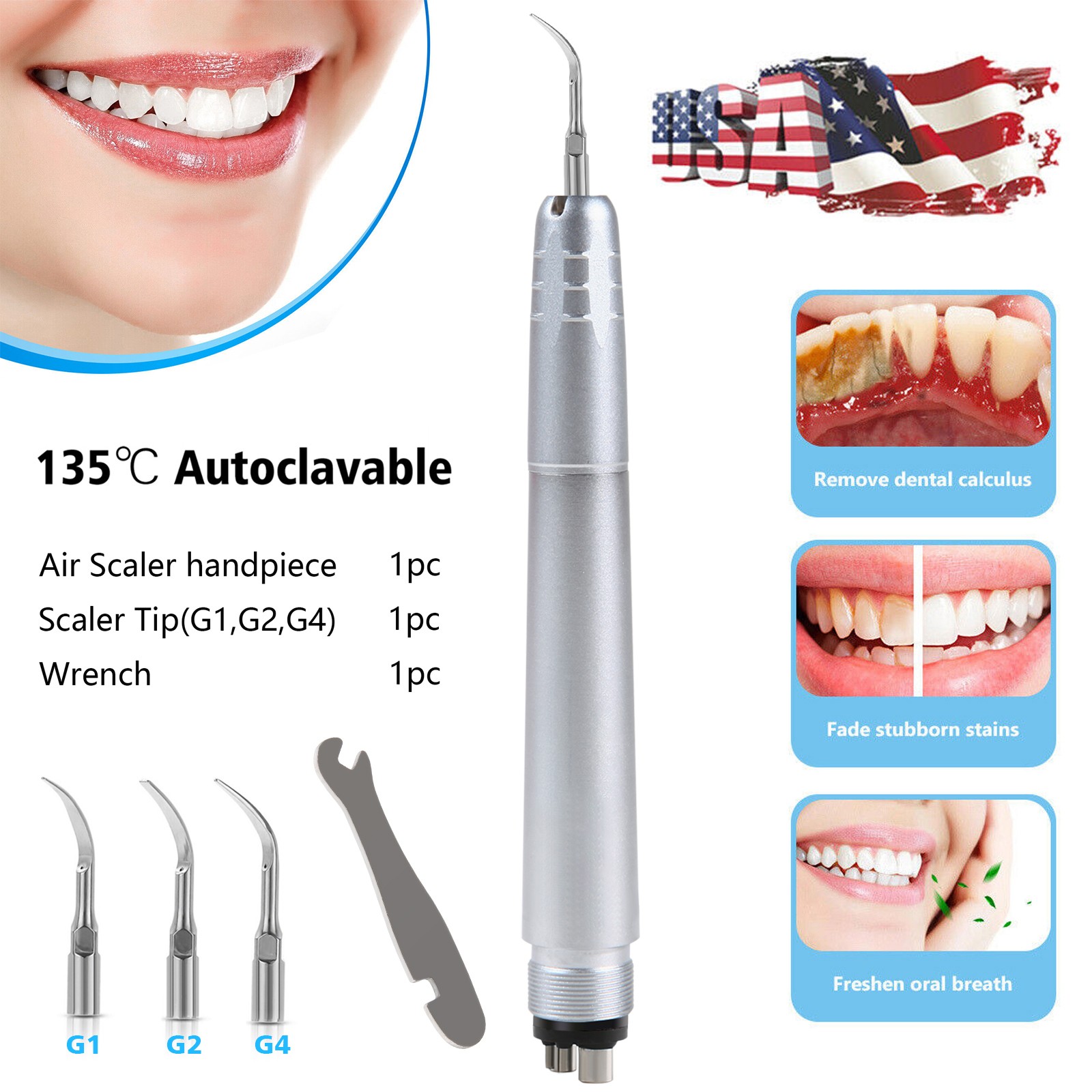 Dental Ultrasonic Air Perio Scaler Handpiece Hygienist 4 Hole w/ 3 Tips Original