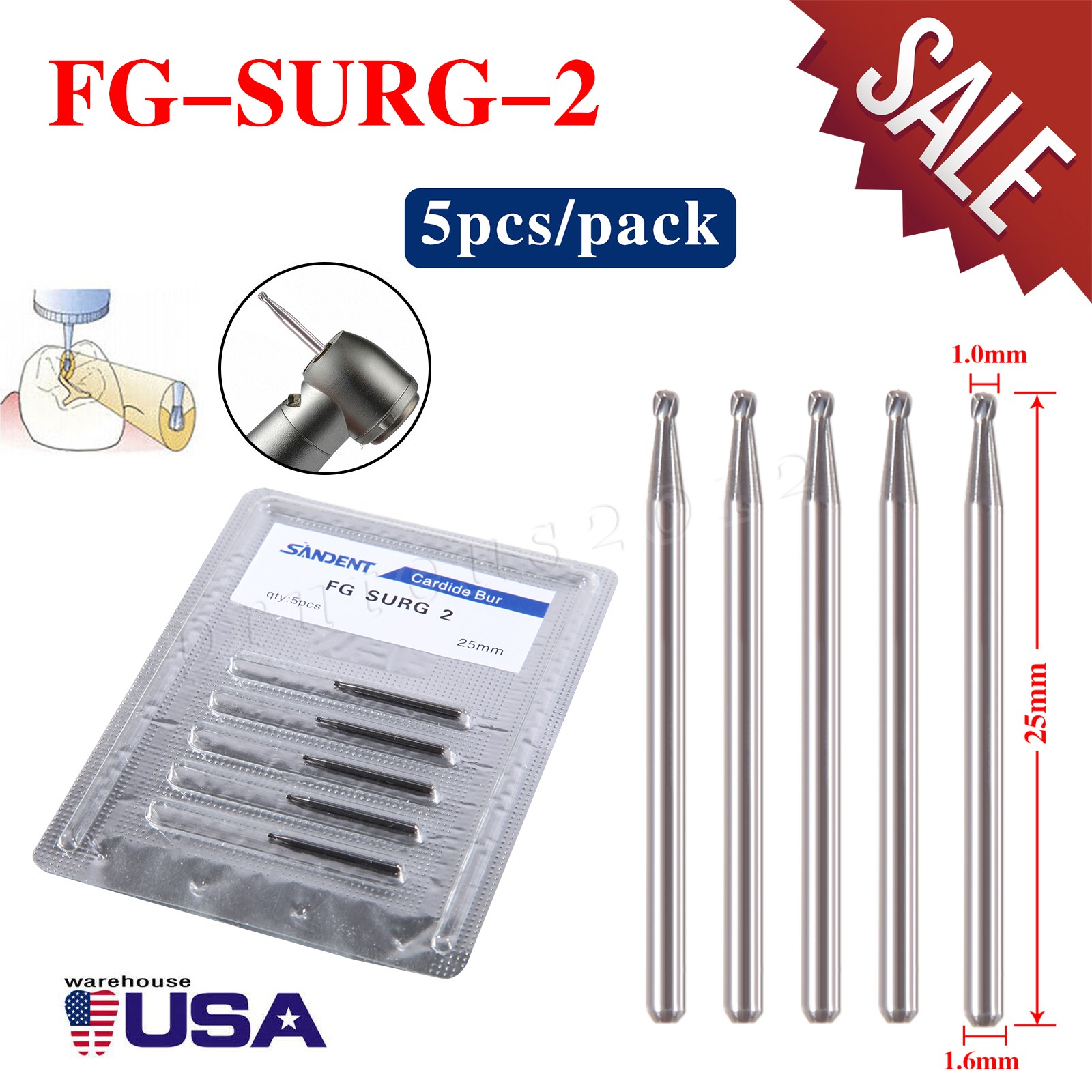 Dental Surgical Burs 25mm Carbide Bur Friction Grip FG Round For High Speed