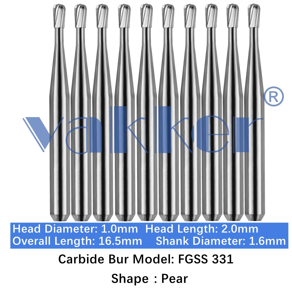 Vakker 10/pk Dental Pear Carbide Burs FG SS 331 Short Shank Friction Grip