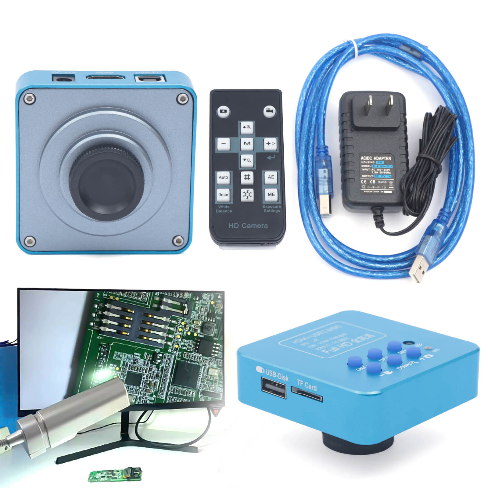 New HD 1080p HDMI Industrial Digital Video Microscope Camera C Mount USB Blue