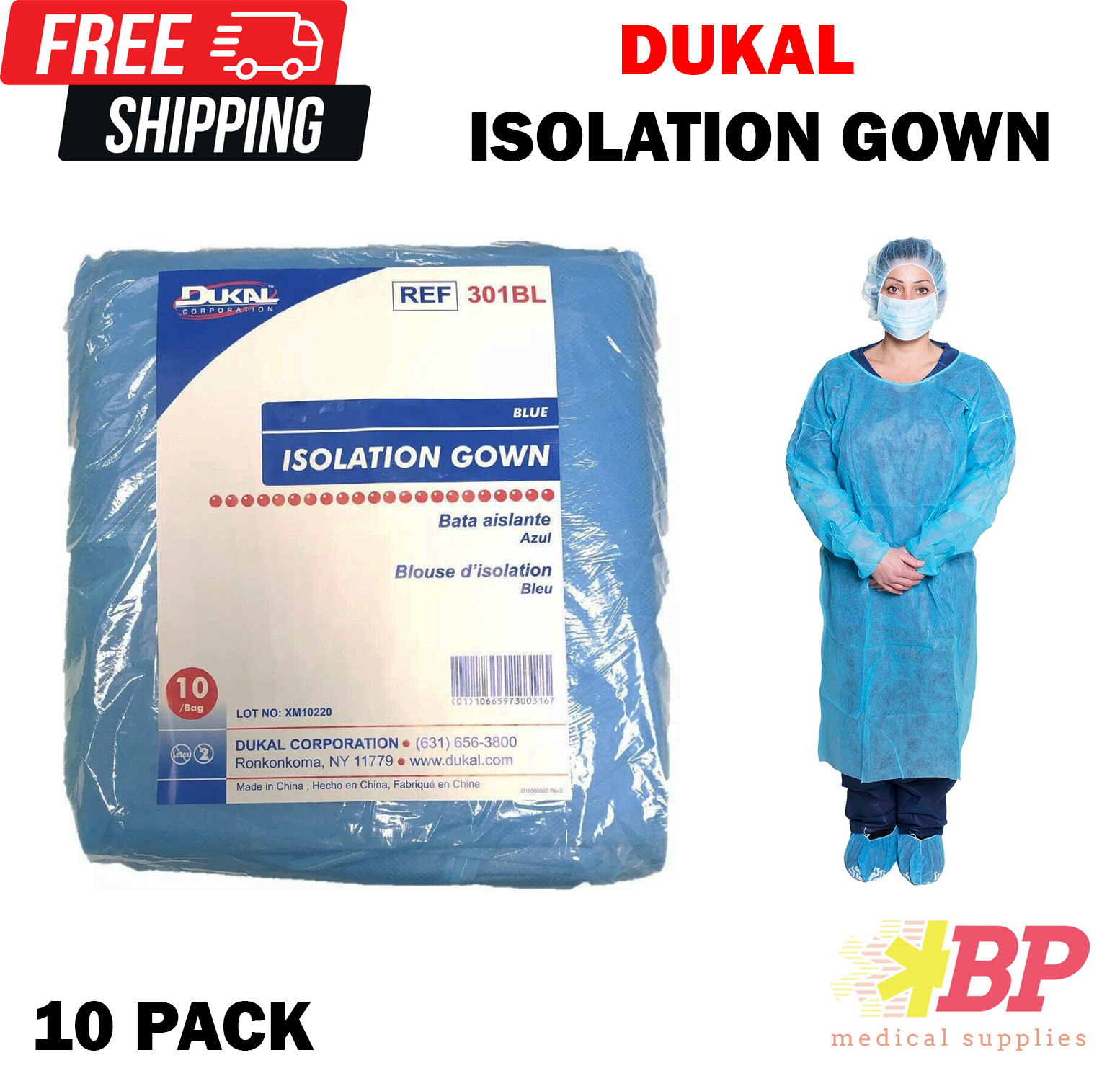 Dukal 301BL Disposable Isolation Gown Fluid Resistant Blue – 10 PACK