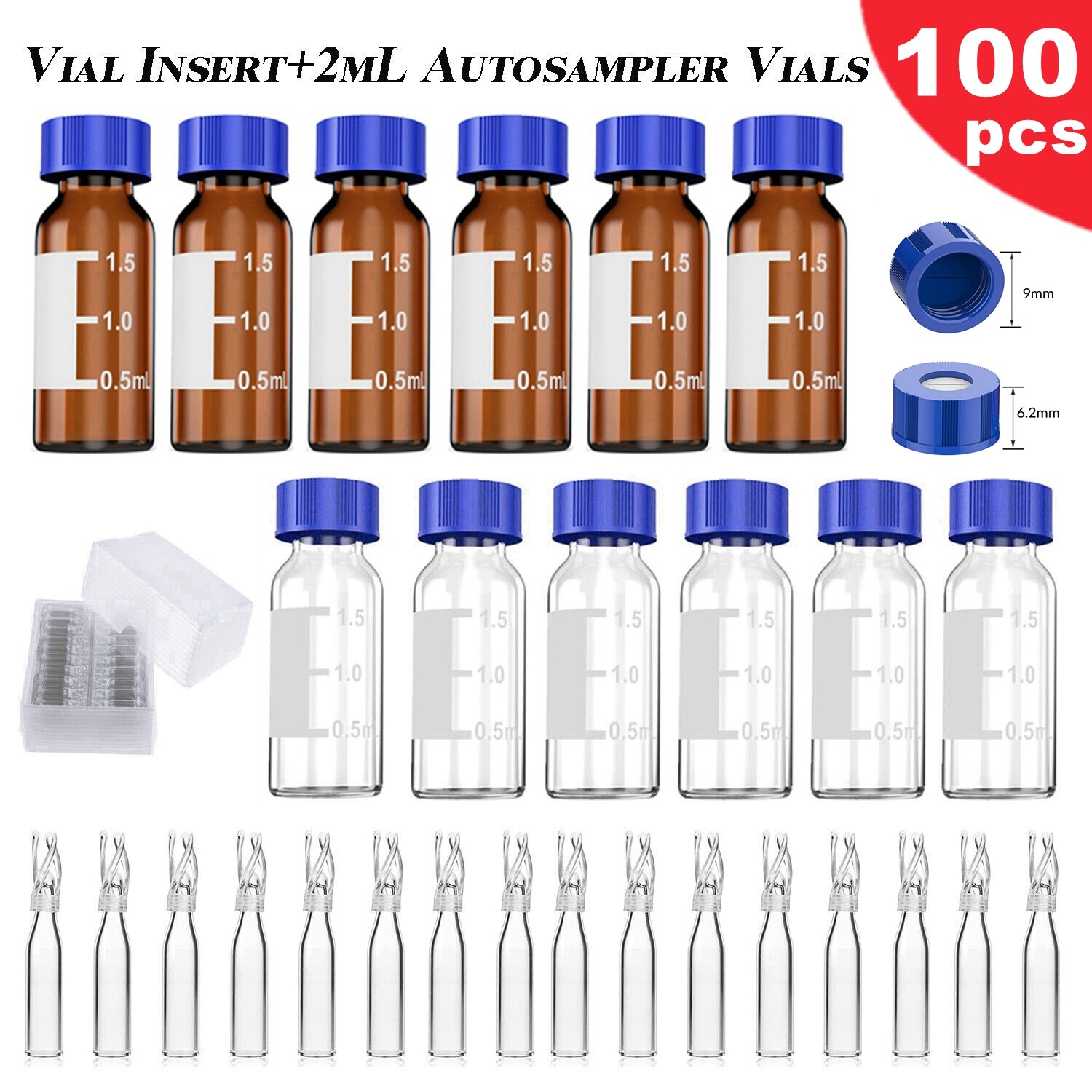 Simpure 2000x 2ml Clear/Amber Autosampler Vials & Screw Caps +250uL Vials Insert