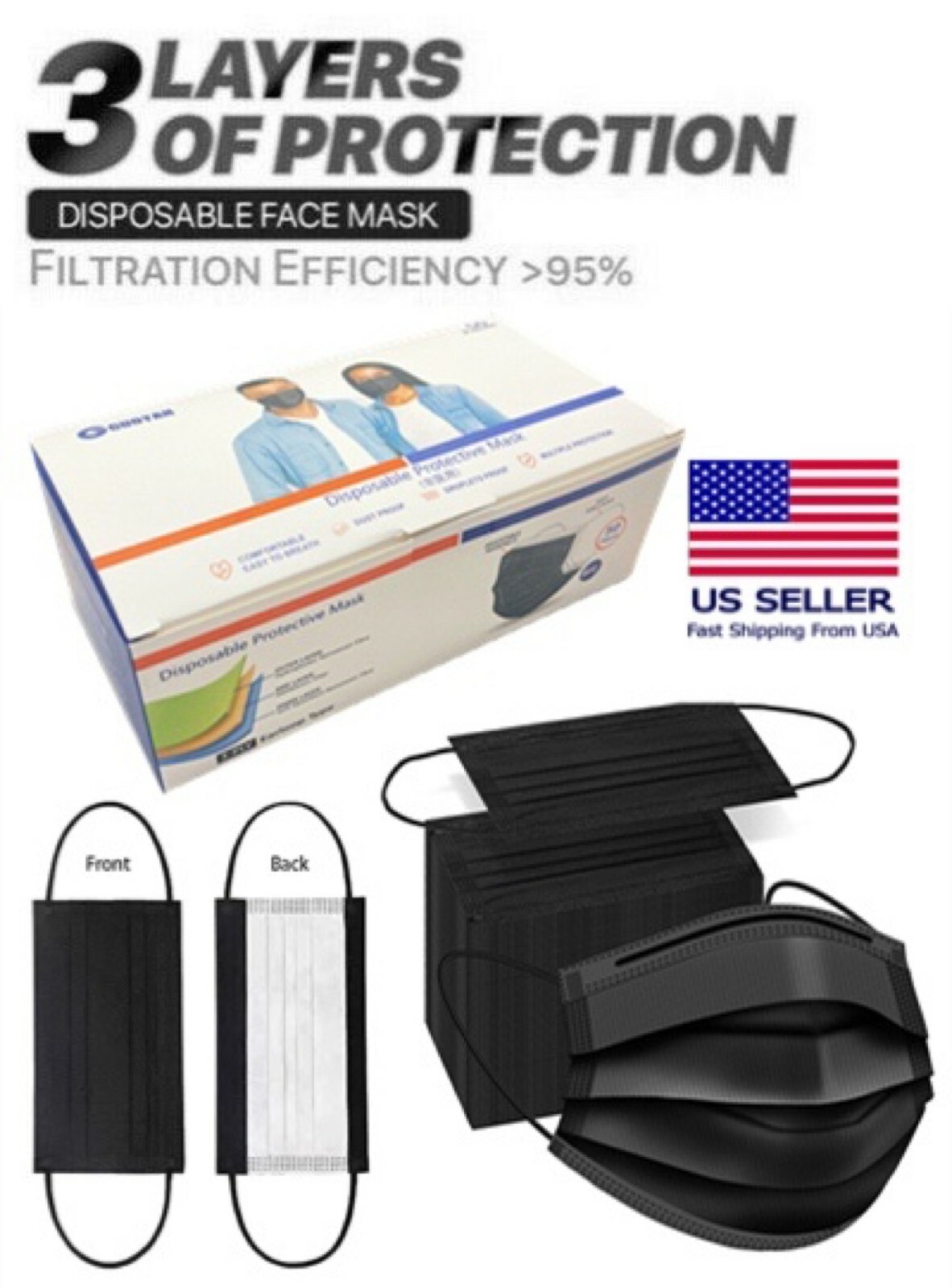100 / 50 PCS Black & White Face Mask Disposable Non Medical Earloop Mouth Cover