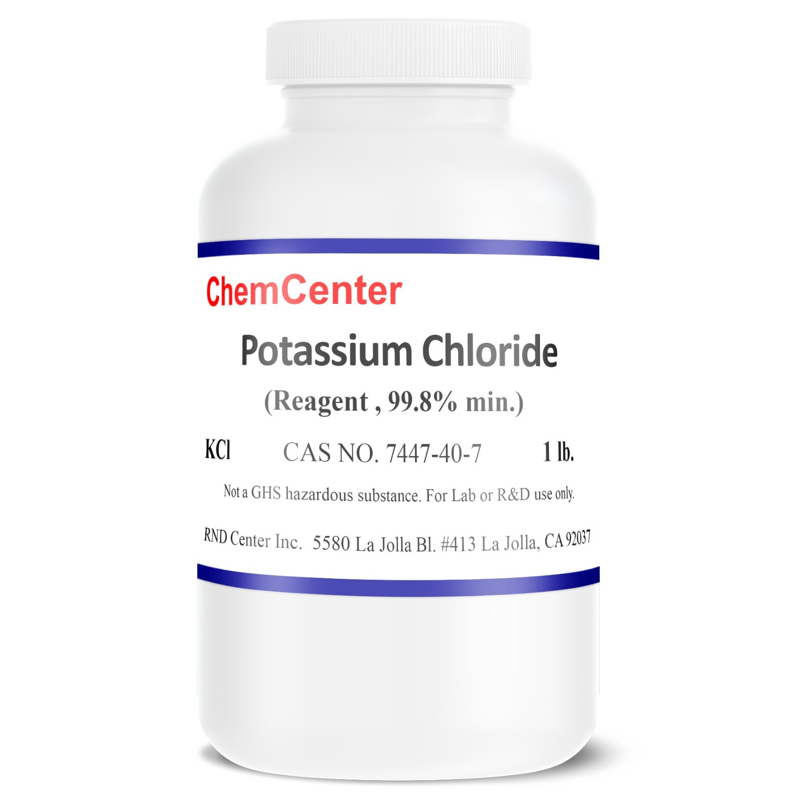 Potassium Chloride, High Purity Crystals, Reagent , 1 lb.