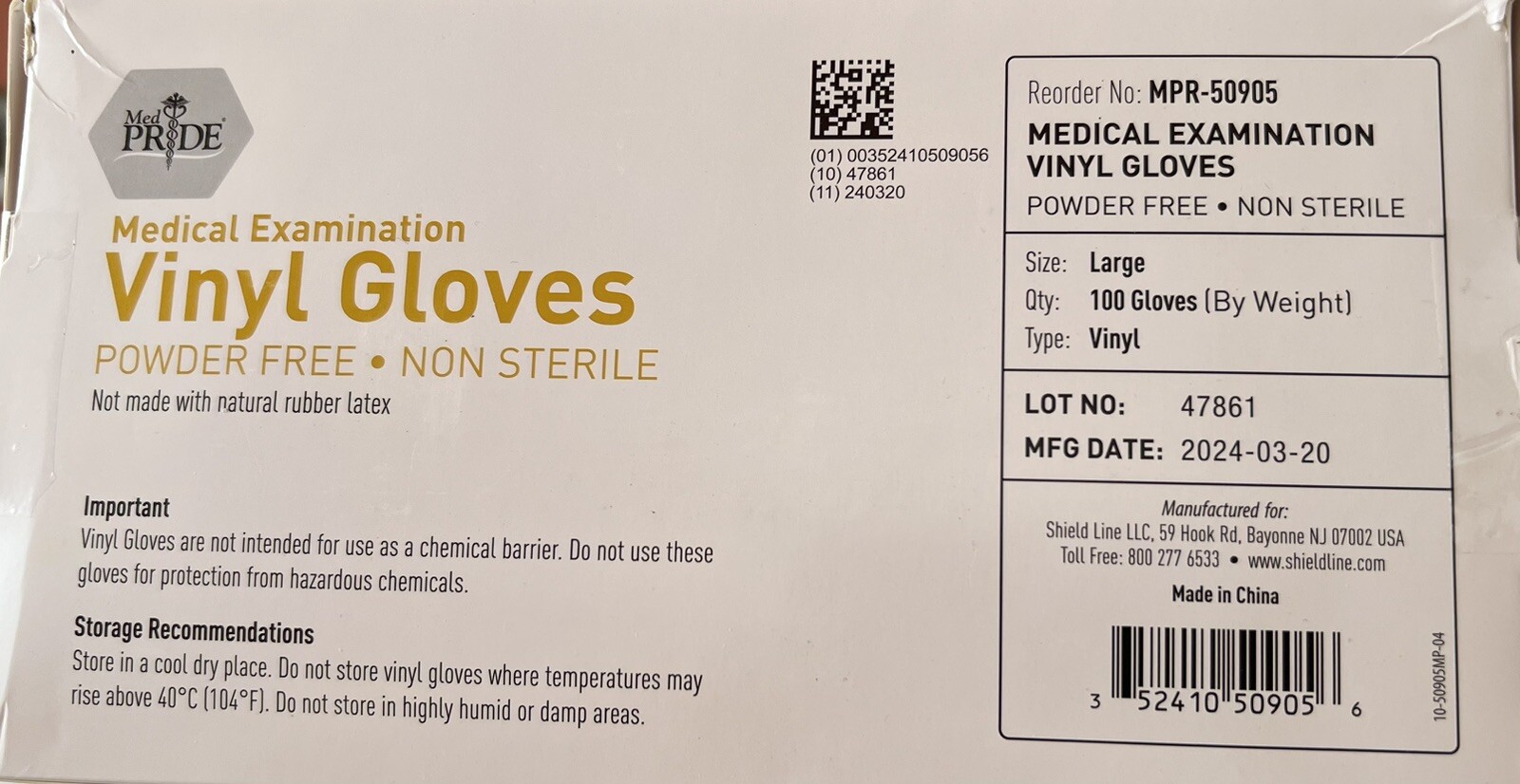 MedPride Powder-Free Vinyl Exam Gloves, LARGE, Box/100
