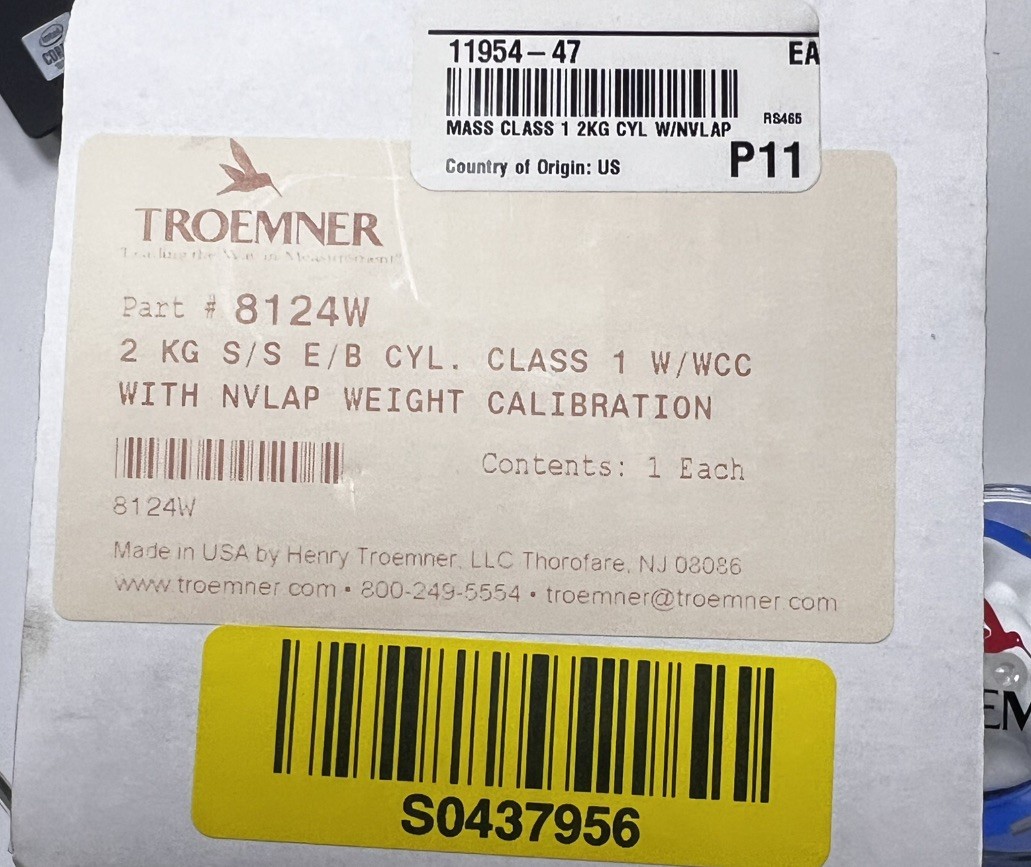 TROEMNER 2kg CLASS 1 Electronic CALIBRATION WEIGHT (New) 8124W. 11954-47. NVLAP