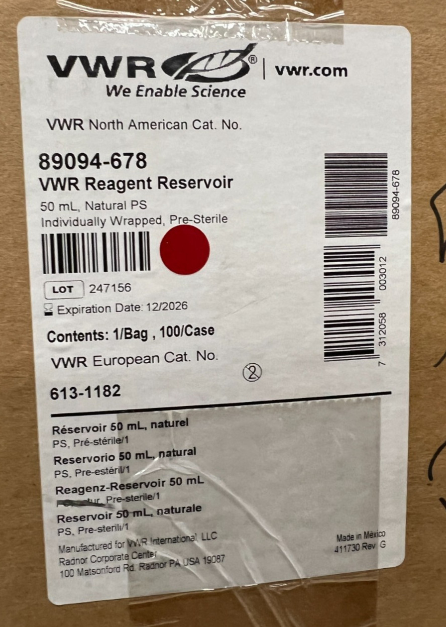 VWR 89094-678 Reagent Reservoir, 50 mL PS, 100/Case Individually Wrapped