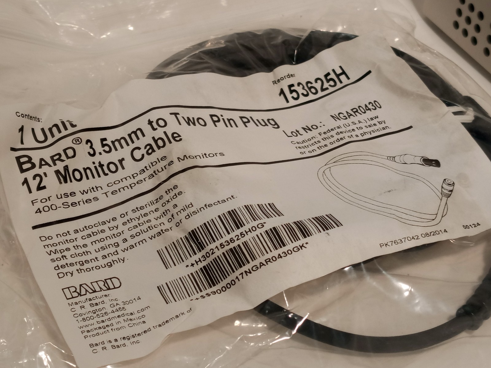 Bard 153625H 3.5mm to Two Pin Plug 12′ Monitor Cable in packaging