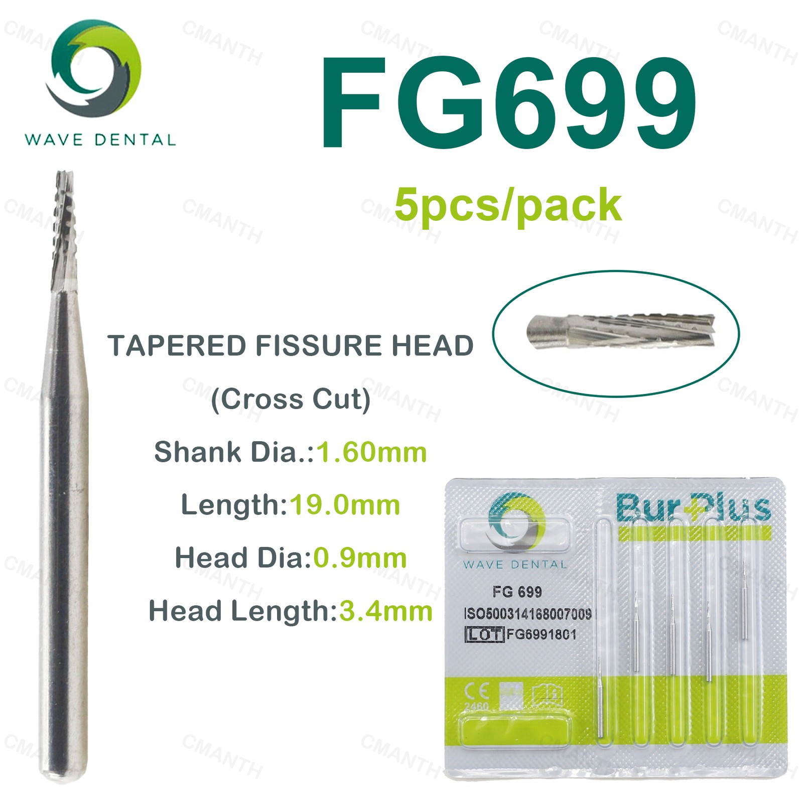 US WAVE Tungsten Drill Nails Dental burs Tapered Fissure Cross Cut Head For High