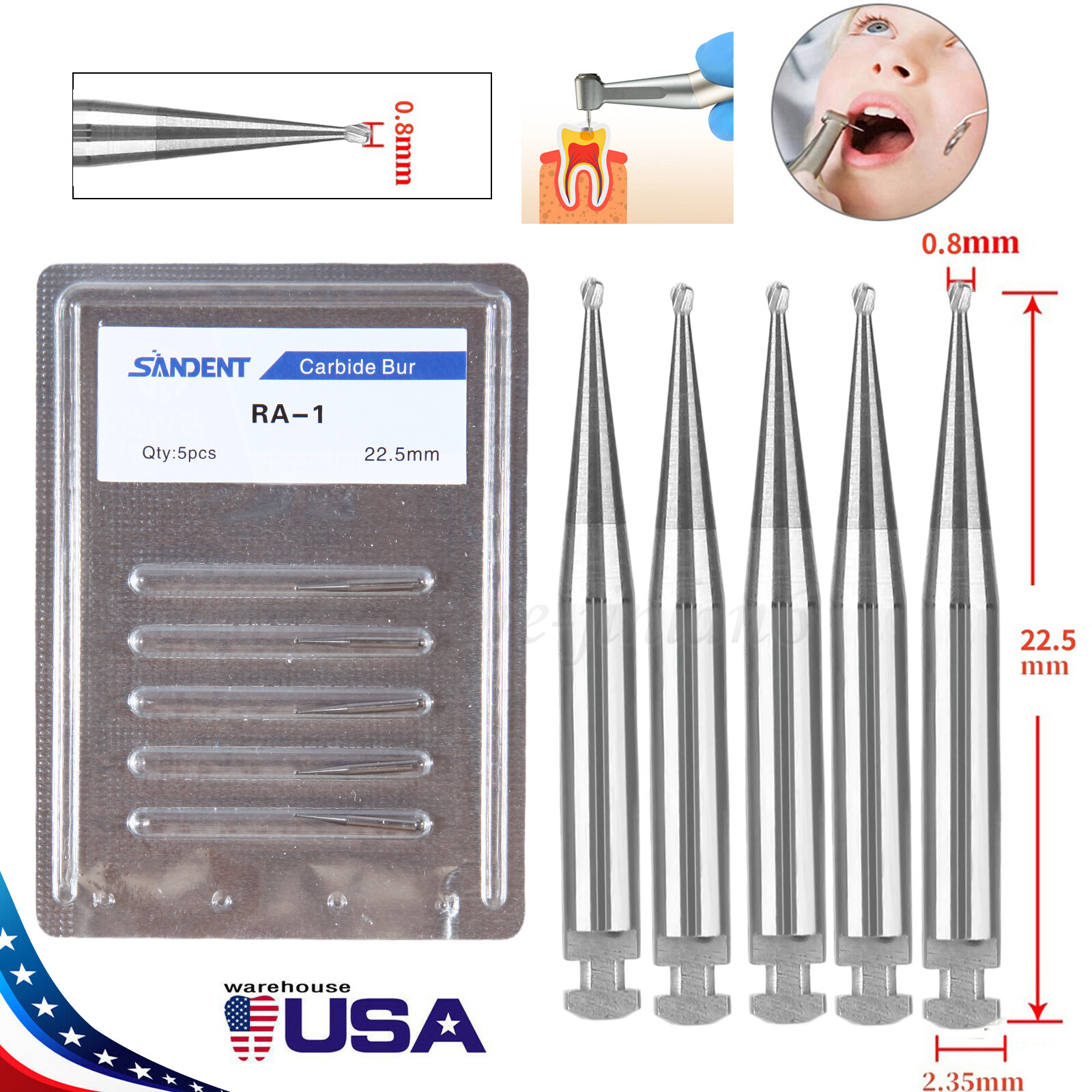 5-100 8 Types Dental Round Carbide Bur for Slow Speed Latch Type RA 1# – 8# Burs