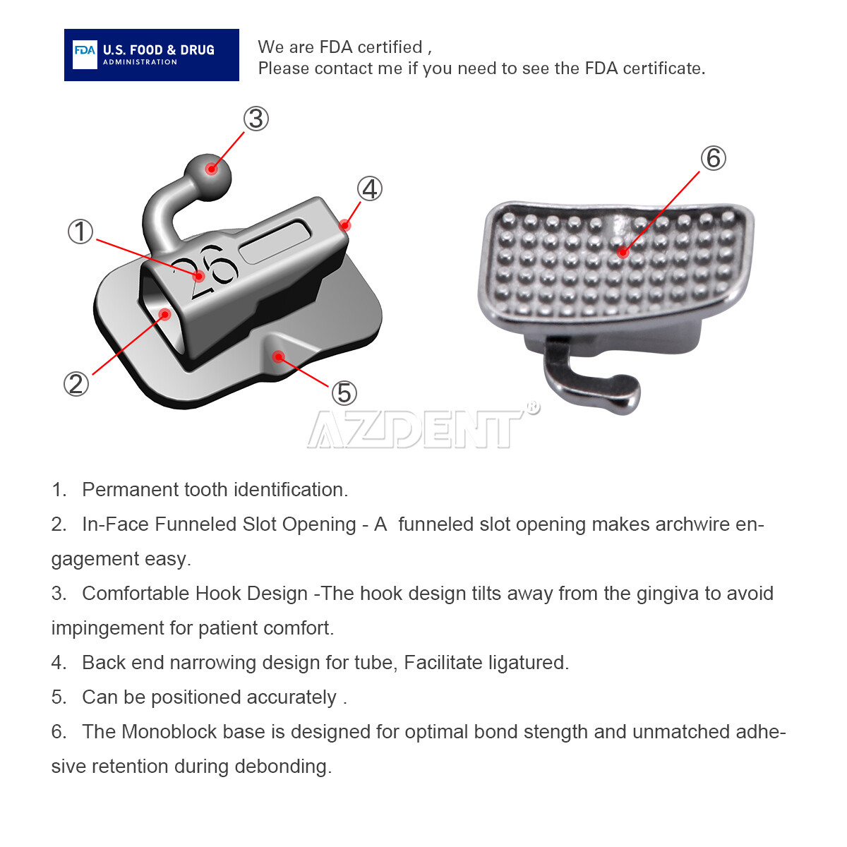 AZDENT Dental Self-Ligating Brackets Orthodontic Braces Roth/MBT.022 Hook345 FDA