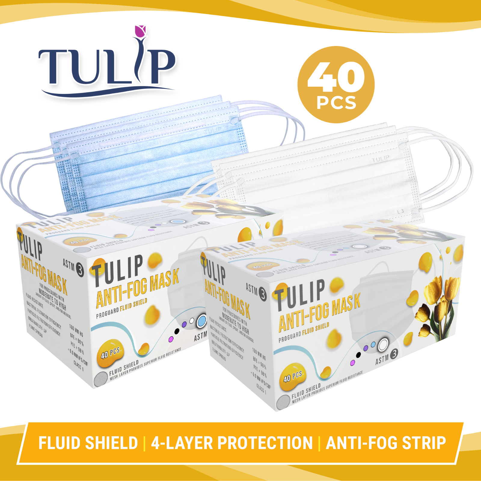 40 Pack Blue 4-Ply ASTM Level 3 Masks Anti-Fog Strip Fluid Shield Protection
