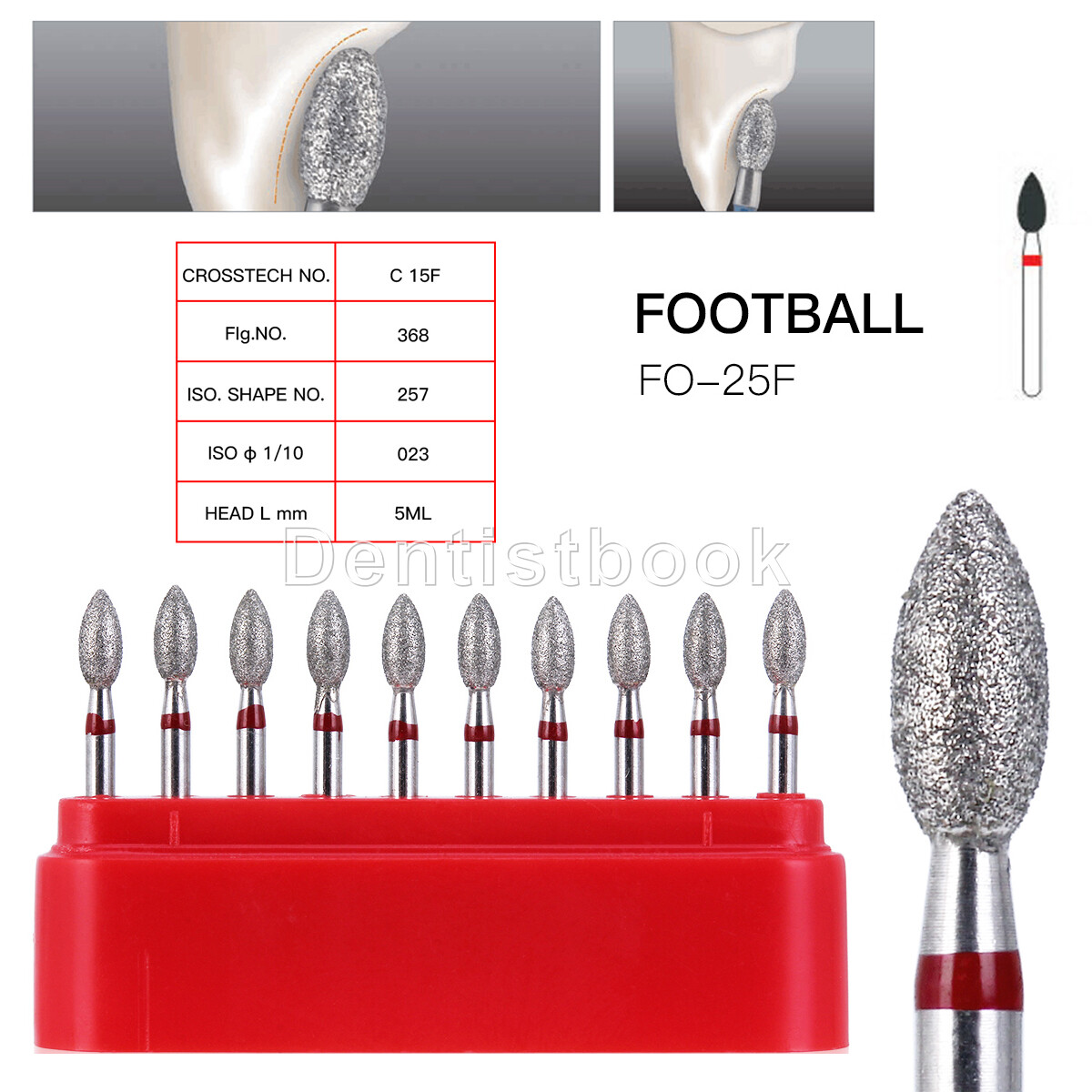 10pcs Dental FG Diamond Bur 368-023F RED Fine Grit Football High Speed Cutting