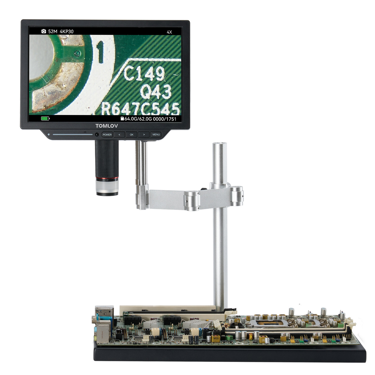 TOMLOV 4K Soldering Digital Coin Microscope 2000X 10.1” 52MP & Spin Arm Stand
