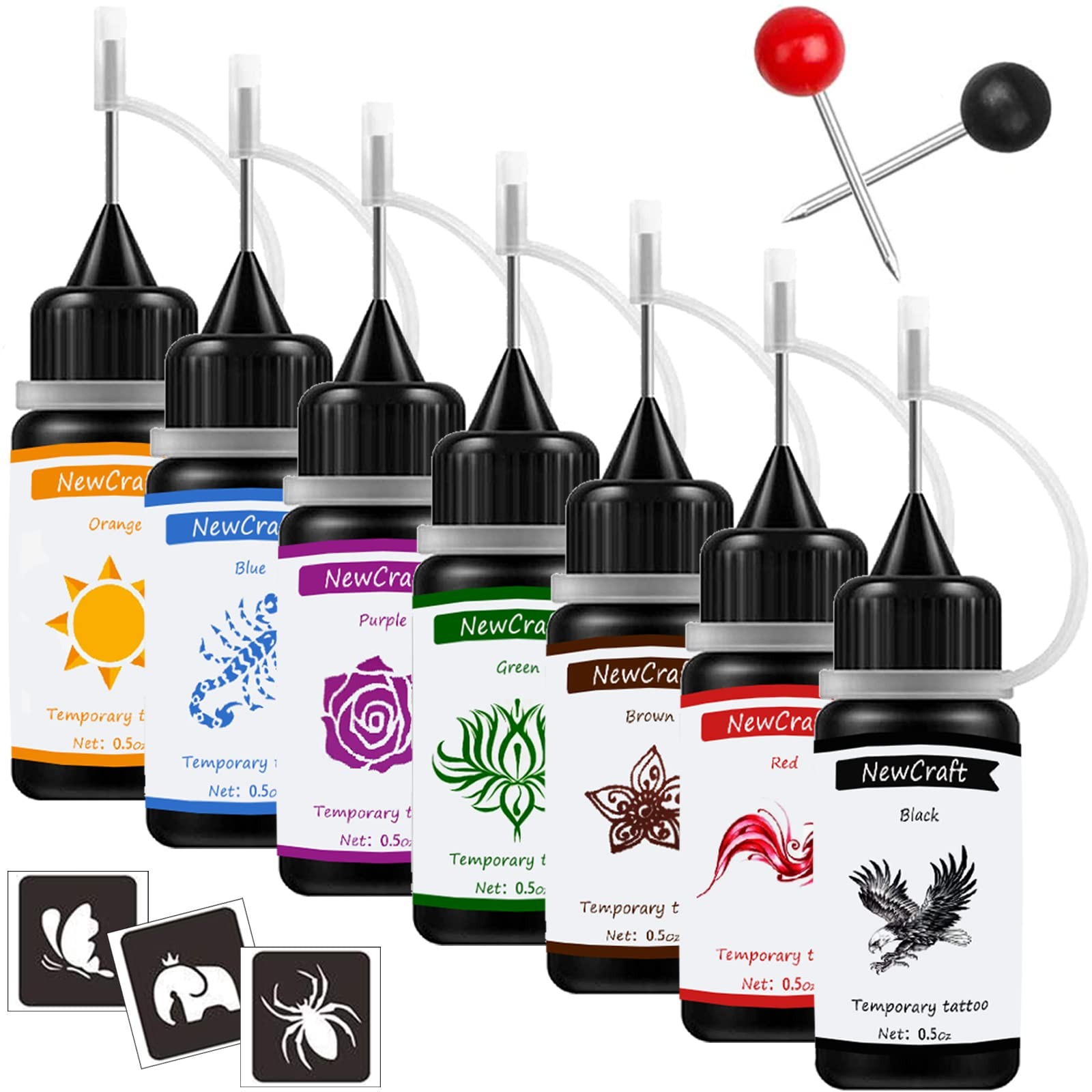 Temporary Tattoo Ink and Small, Black Red Brown Green Purple Blue Orange
