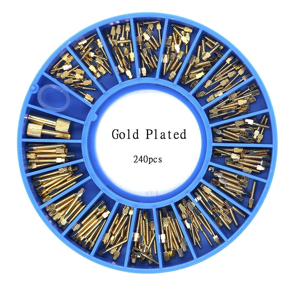 240pcs /box Dental Gold Plated Conical Screw Posts Cross Head Root Nail Assorted