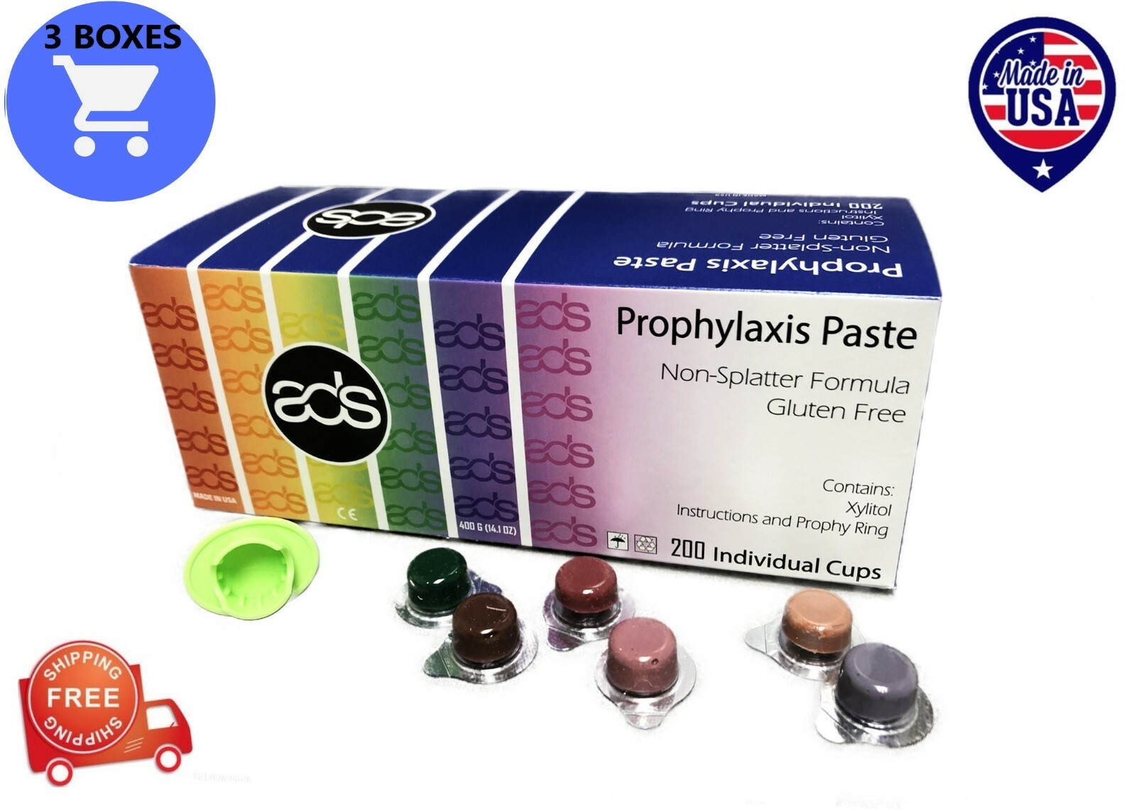 ADS PROPHY PASTE CUPS ASSORTED COARSE 200/BOX DENTAL W/FLOURIDE – 3 BOXES