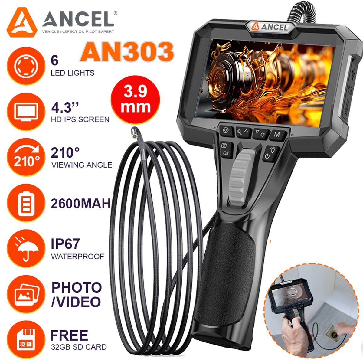 ANCEL AN303 Articulating Borescope 2-Way 210° Industrial Endoscope Camera 3.9mm