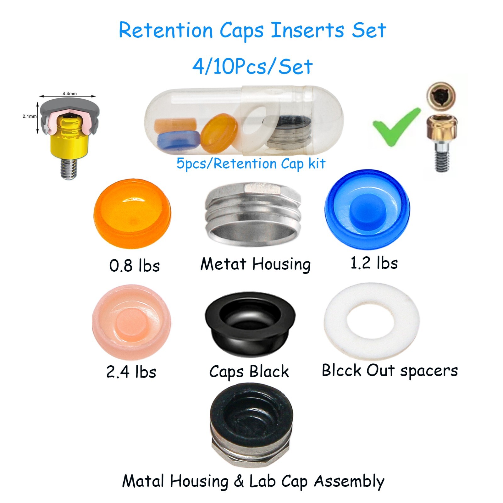 US Overdenture Retention Cap Kit 0.8/1.2/2.4lbs PEEK Material Locator Abutment