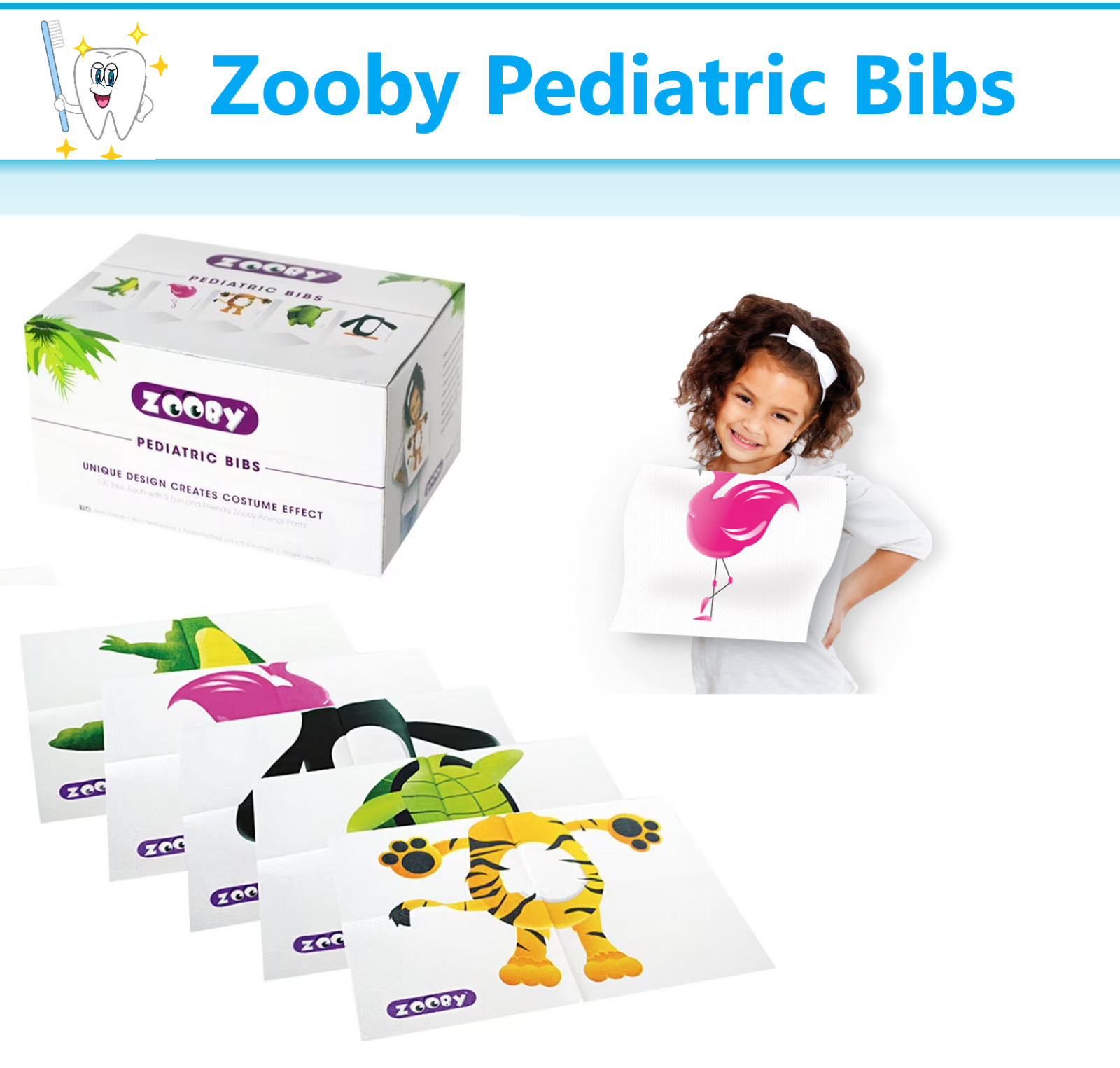 Dental Zooby Bibs, Disposable Waterproof Three Layers Pediatric Bib, 13.5 x 9 in