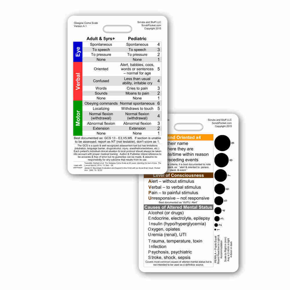 Glasgow Coma Scale GCS Vertical Badge ID Card Pocket Reference Nurse Medic RN