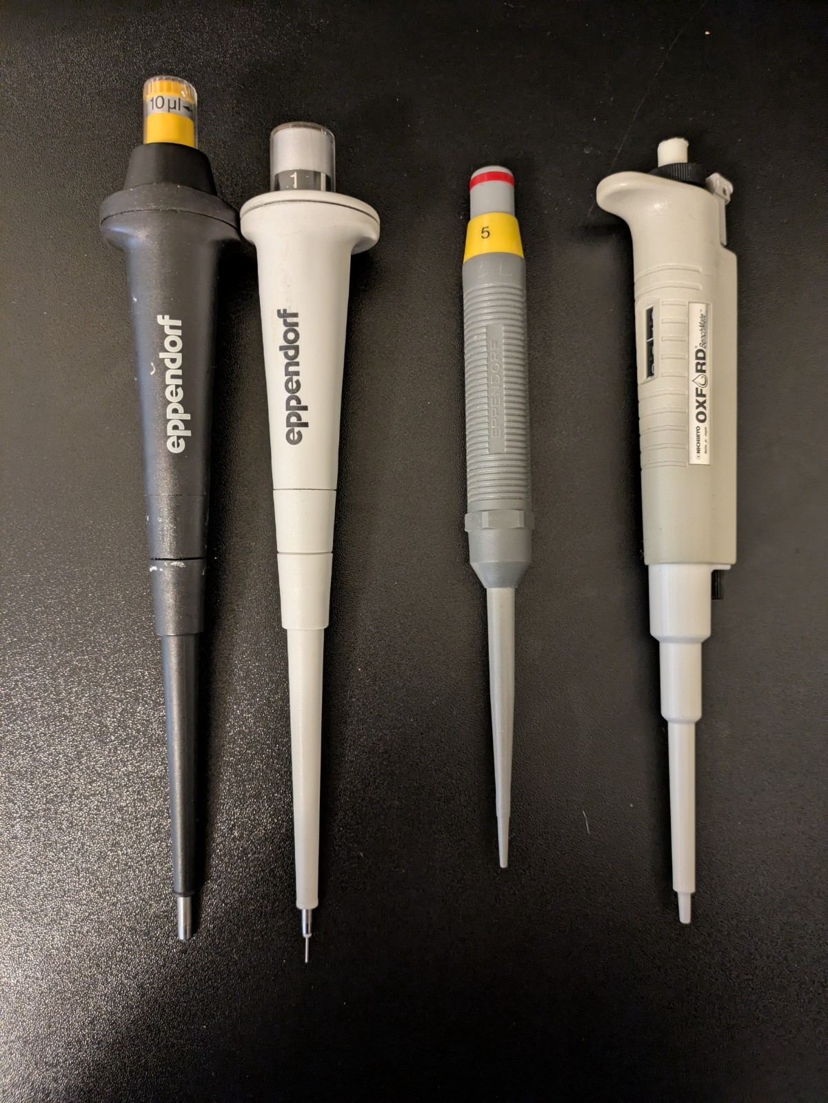 Lot of 7 Lab Pipettes Gilson Eppendorf Oxford Multichannel 0.1-10mL Adjustable