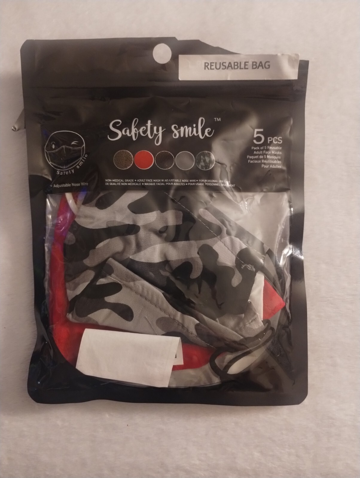 Safety Smile Reusable Face Masks qty#3 Non Medical Grade RED, BLACK & GREY CAMO