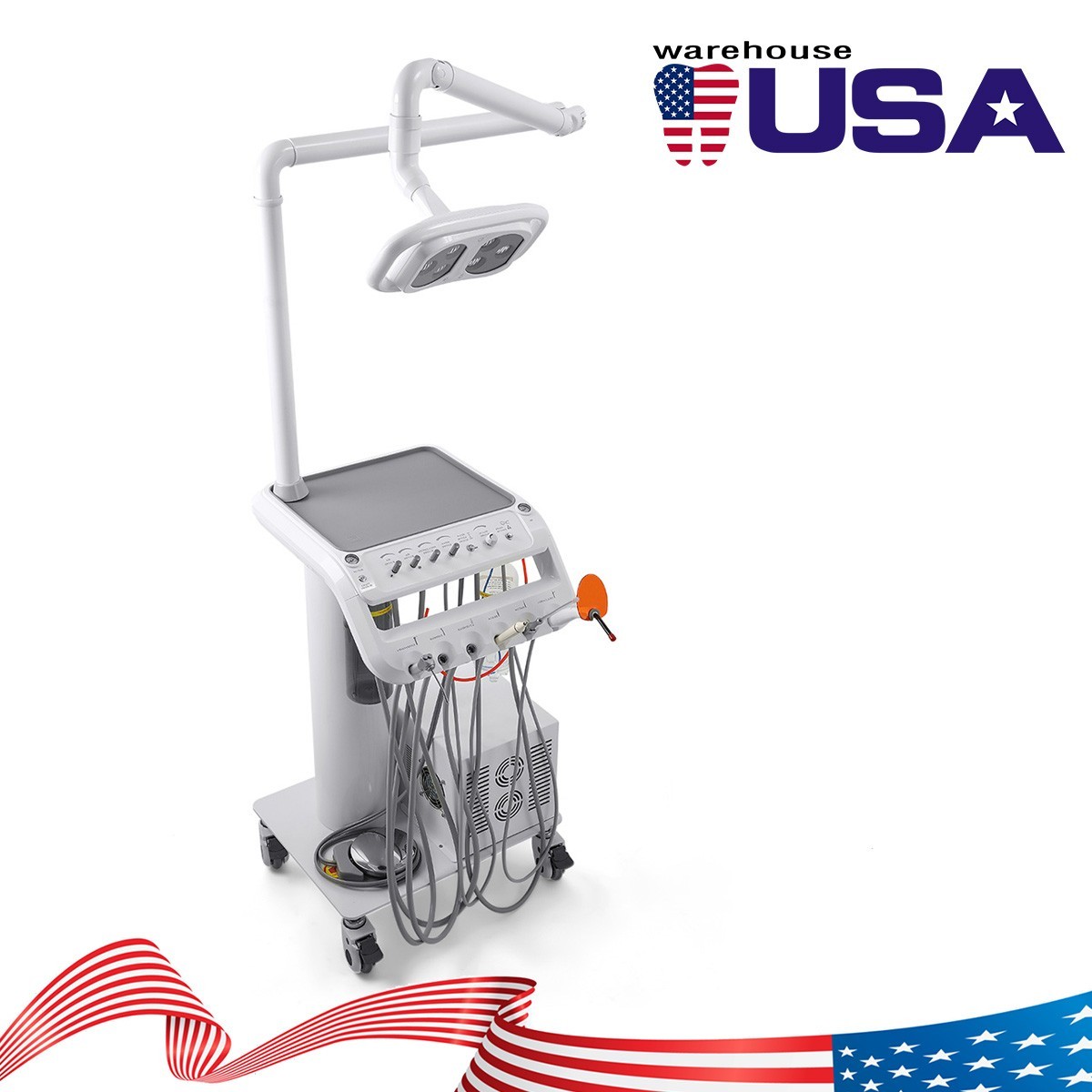 Dental Mobile Delivery Unit Cart Air Compressor 4Hole With Surgical Light Lamp
