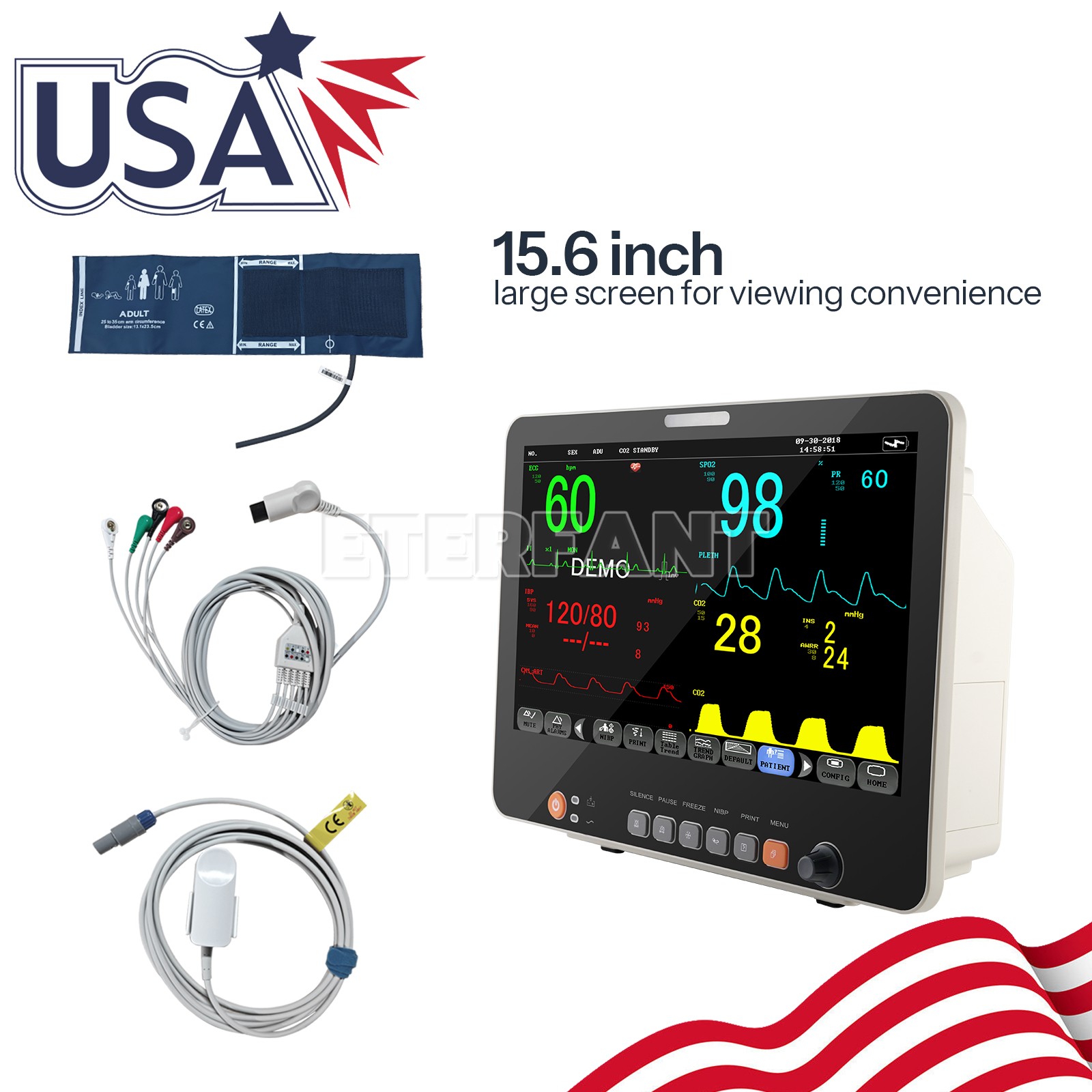 15.6″ Patient Monitor ICU CCU Vital Sign for Hospital ECG NIBP RESP TEMP SPO2 PR