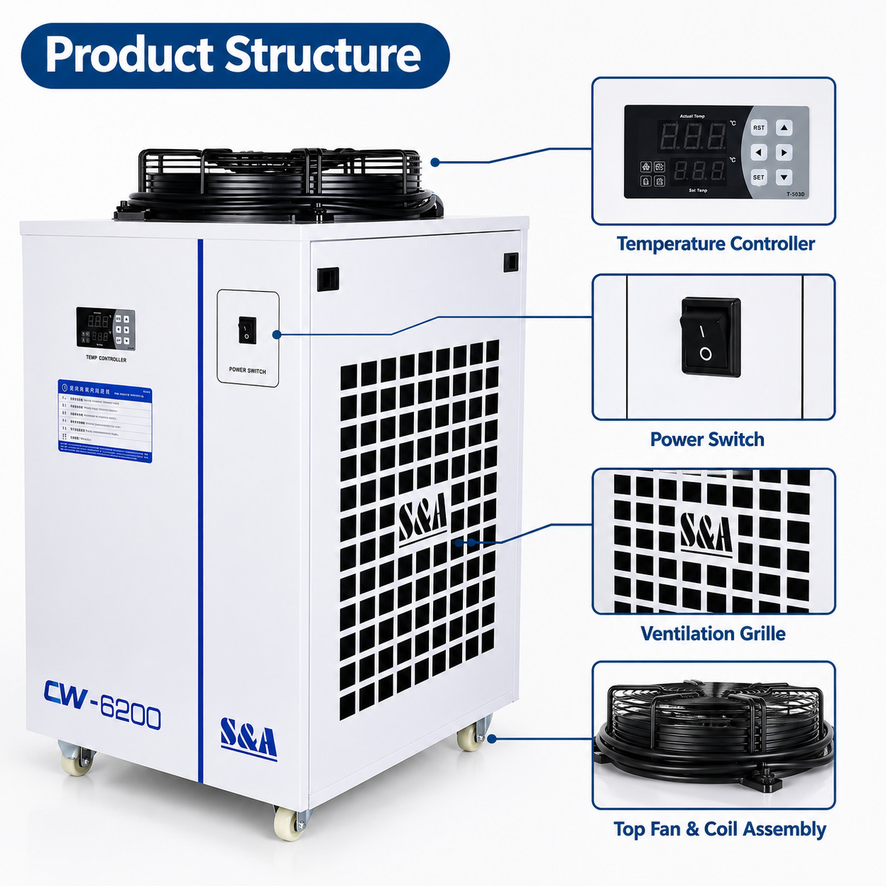 CW-6200AN Industrial Water Chiller for 45KW CNC spindle Laser Engraver Engraving