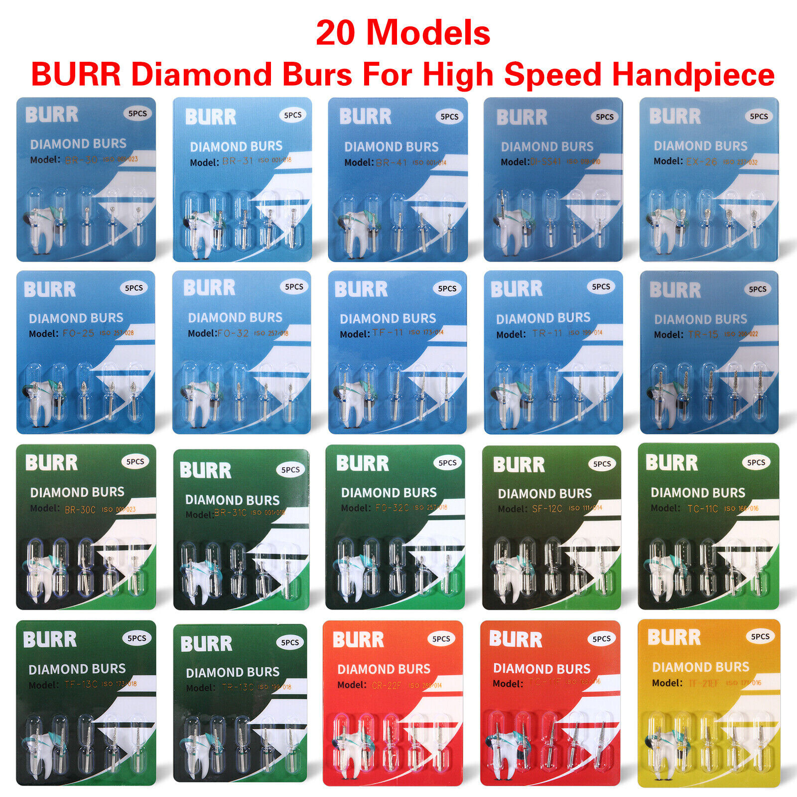 100Pcs Diamond Bur Tooth Drill for Dental High Speed Handpiece Mixed 20 Type USA