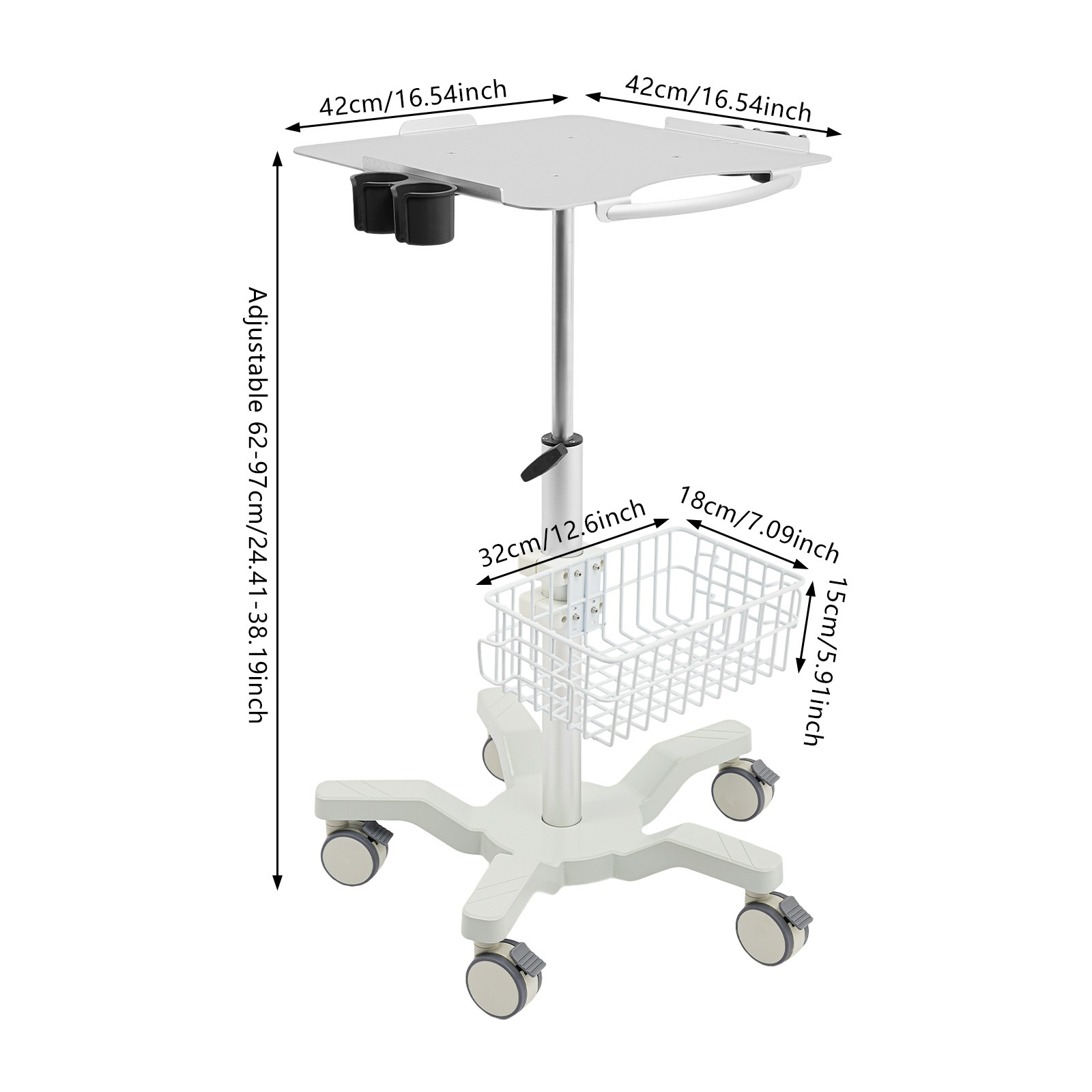 Metal Rolling Medical Cart 5-Wheel Mobile Medical Cart 62-97cm Height Adjustable