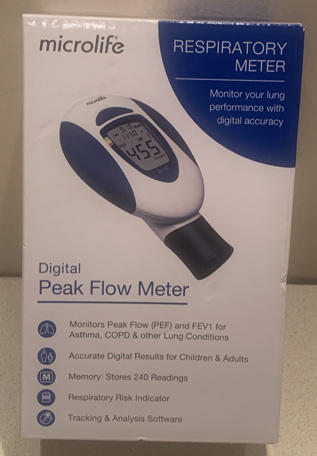 Microlife Digital Peak Flow Respiratory Meter. Monitor Lung Performance. NEW