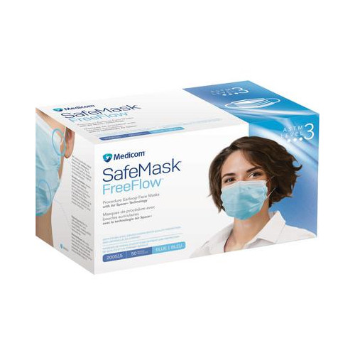 Medicom 200515 SafeMask FreeFlow Earloop Face Masks ASTM Level 3 Blue 50/Bx